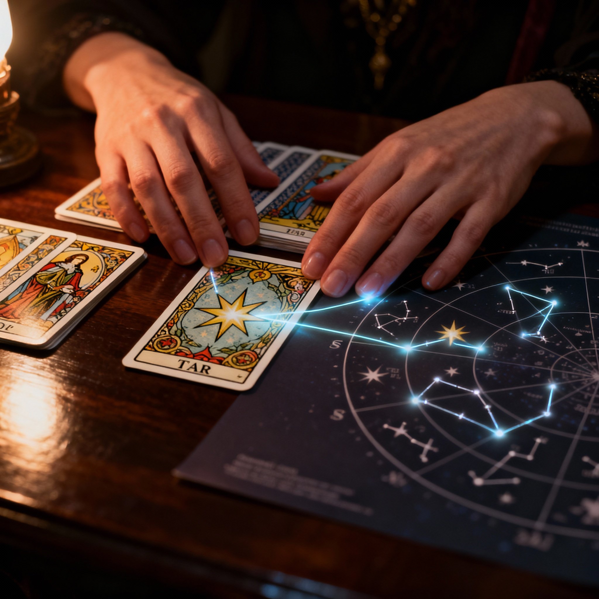 From the client's perspective, Tarot cards and an astrology chart are spread across a table. A hand is pointing to a key card, with glowing lines of energy connecting the card and the chart, symbolizing the psychic, Luna, deciphering deep information.