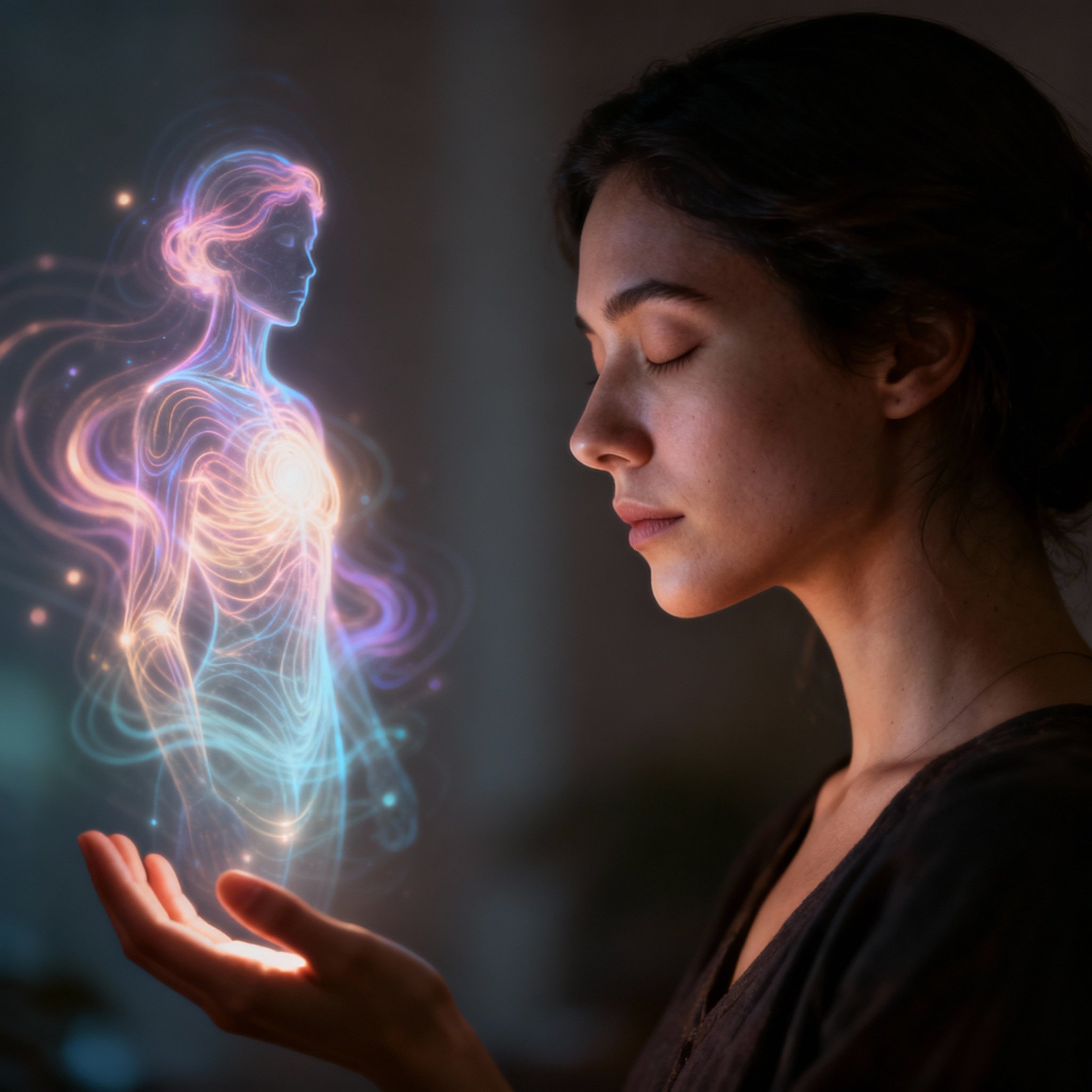 A scene of a psychic interacting with a client during a consultation. The psychic has her eyes closed, one hand gently raised as if sensing unseen energy. A soft, colorful aura surrounds the silhouette of the client, symbolizing emotions and energy fields being read by the psychic.