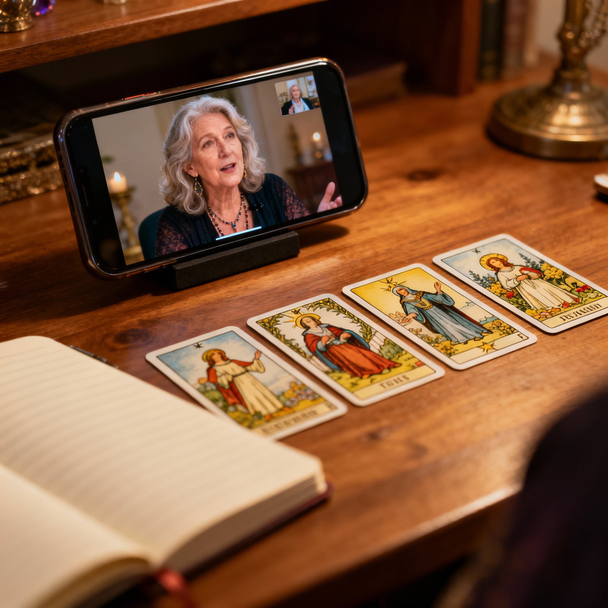 A first-person view of a client's desk with a few tarot cards and a notebook, showing a video call on a smartphone with psychic Mary Elizabeth who looks focused and engaged.