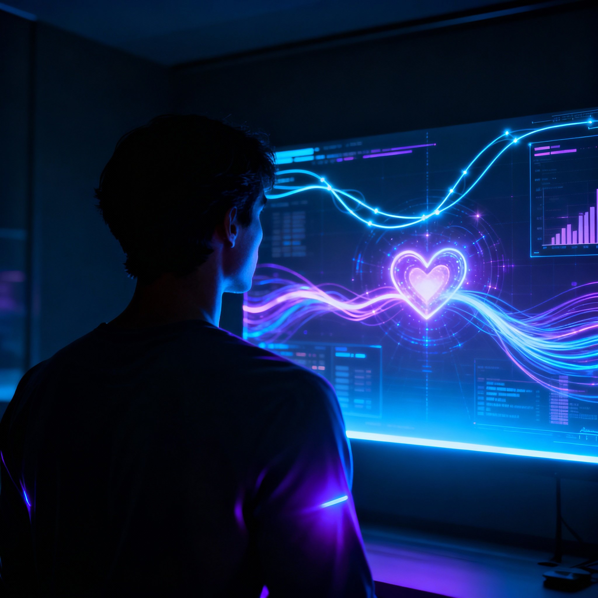 An analyst in a dimly lit room examines data charts on a screen, which are visualized as glowing hearts and energy lines, symbolizing deep insight into love and relationships.
