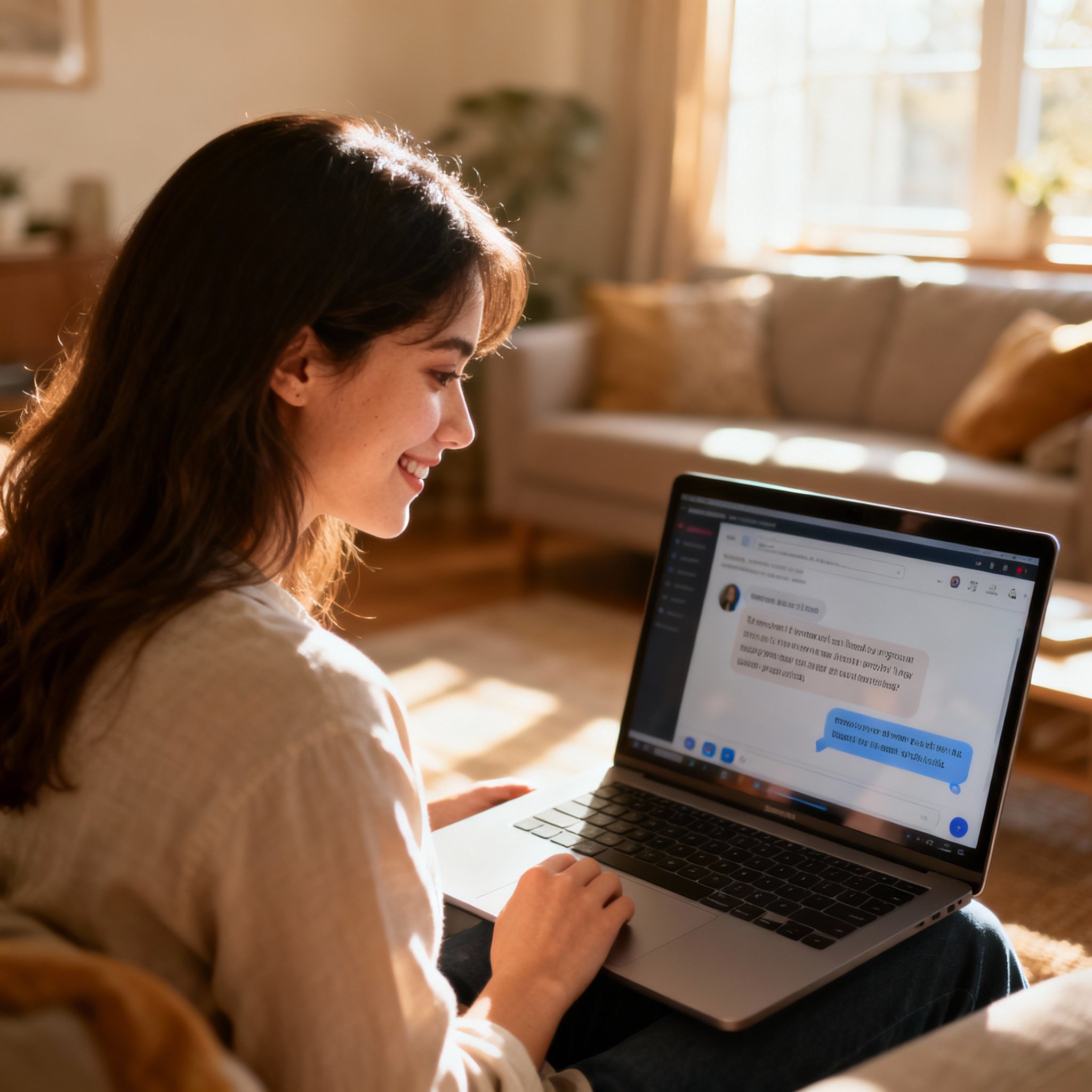 A female user sits in her cozy home, having an online chat consultation on her laptop. Her face shows relief and confidence, as if she has just received important guidance and clarity. The chat interface on the screen suggests a fruitful conversation.