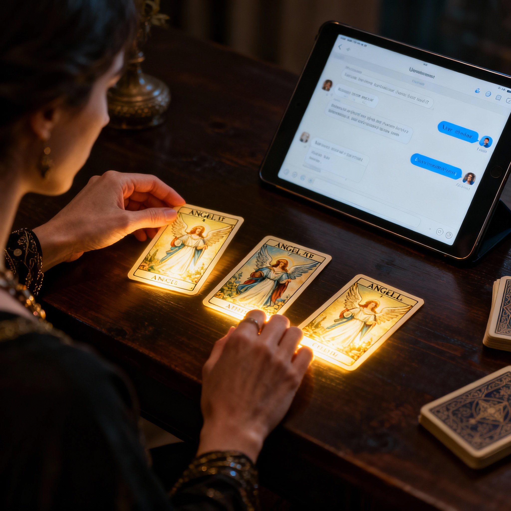 An over-the-shoulder view of a psychic's hands laying out glowing Angel Tarot cards on a wooden table, next to a tablet displaying a client chat interface, symbolizing the blend of traditional wisdom and modern technology.