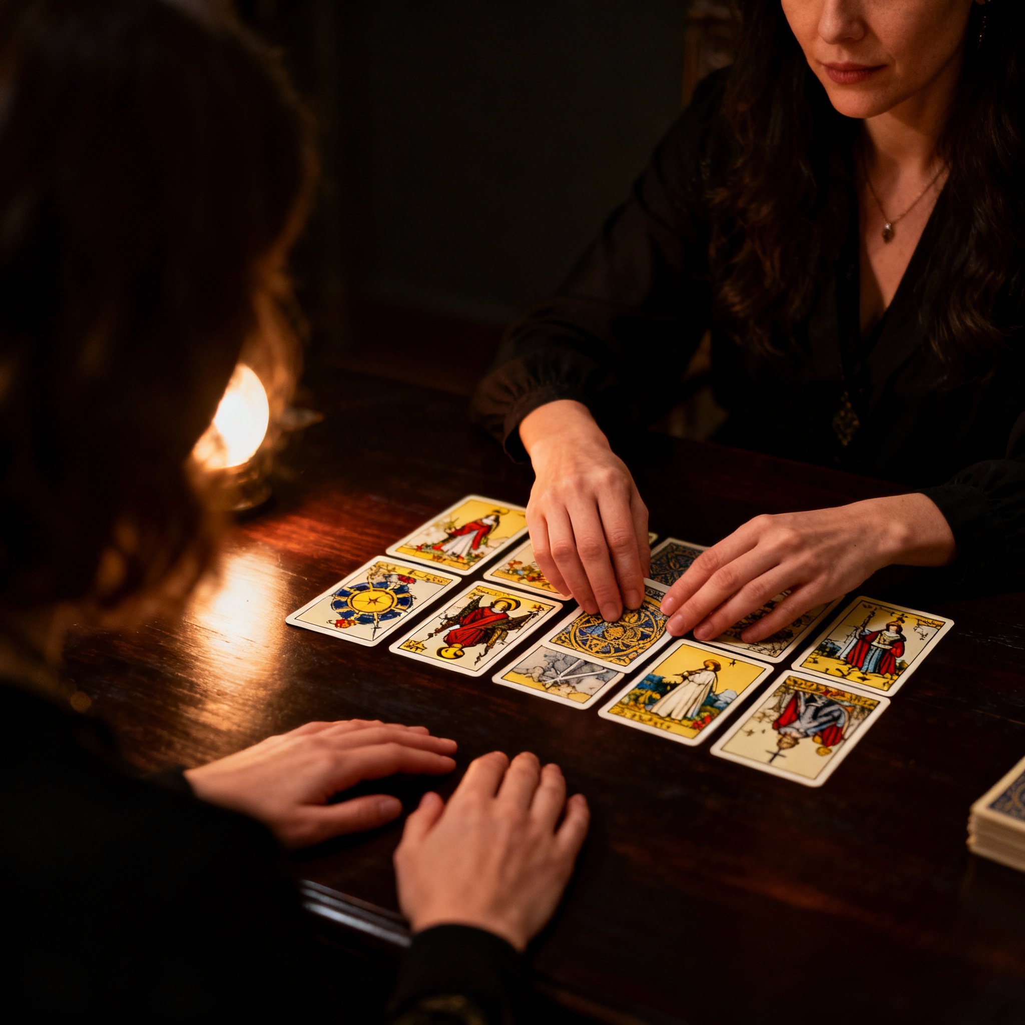 An image of a consultation, where a psychic advisor is intently interpreting a spread of tarot cards for a client. The light is focused on the cards, highlighting their rich details and symbolism, suggesting clarity and guidance.