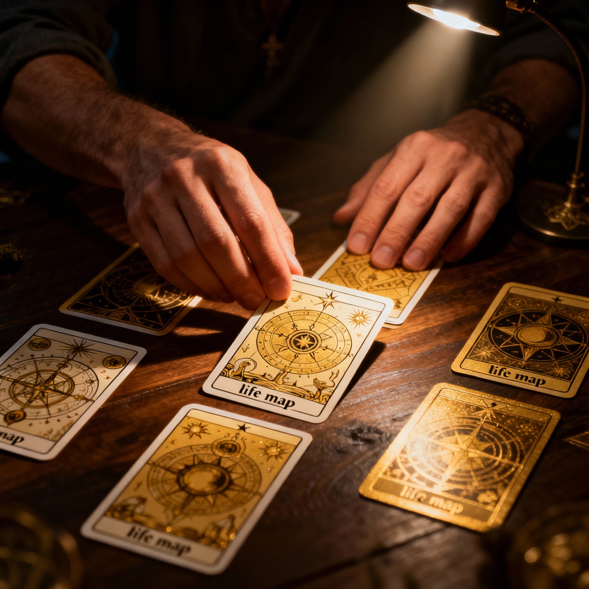 A psychic's hands interpreting a spread of Tarot cards on a wooden table. The light focuses on the cards, which feature clear, symbolic imagery, representing the act of providing clear and accurate guidance to a client.