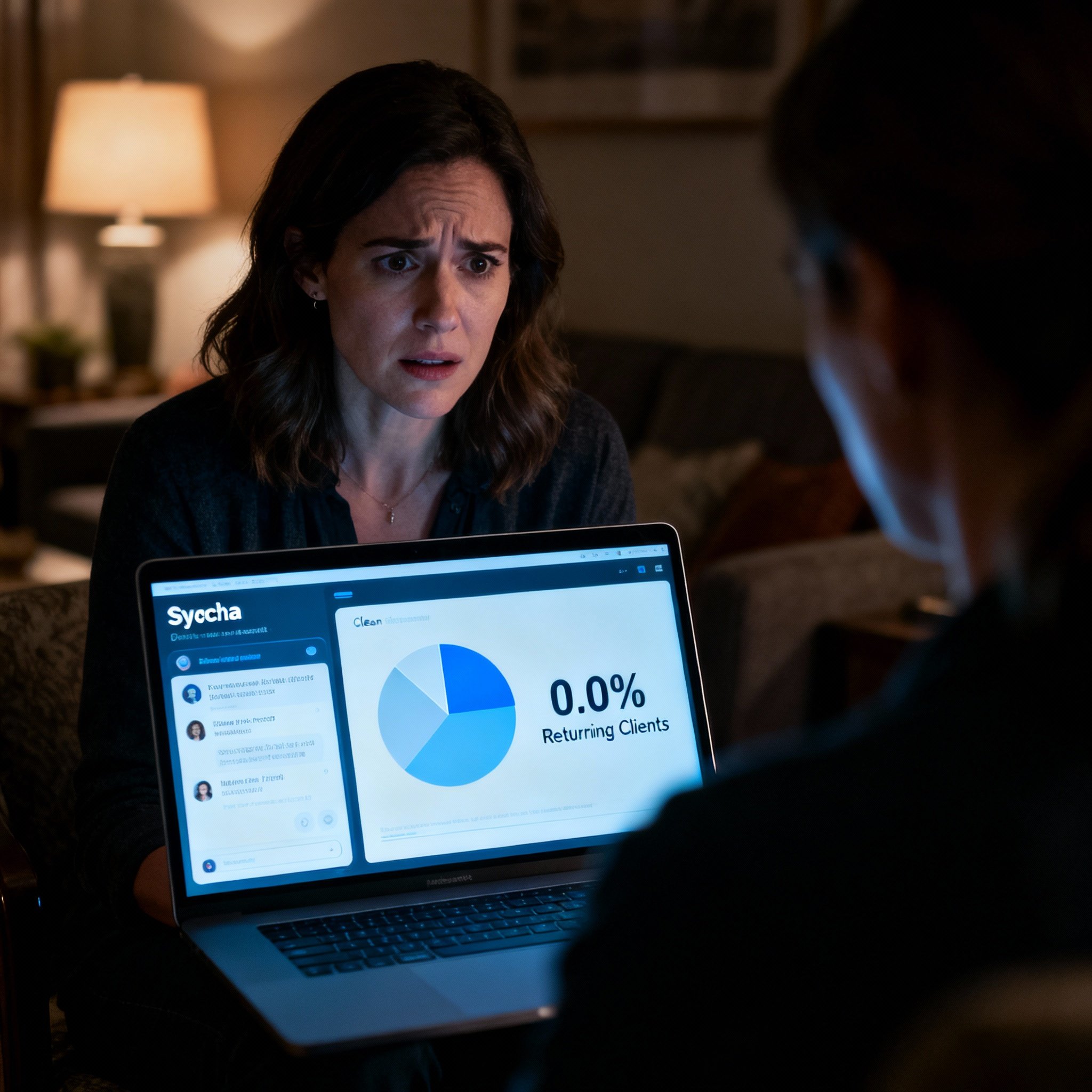 A female user in front of her laptop, the screen displaying a psychic chat interface alongside a prominent data chart that reads '0.0% Returning Clients'. Her expression is one of confusion and disappointment, reflecting the negative user experience and data analysis from the article.