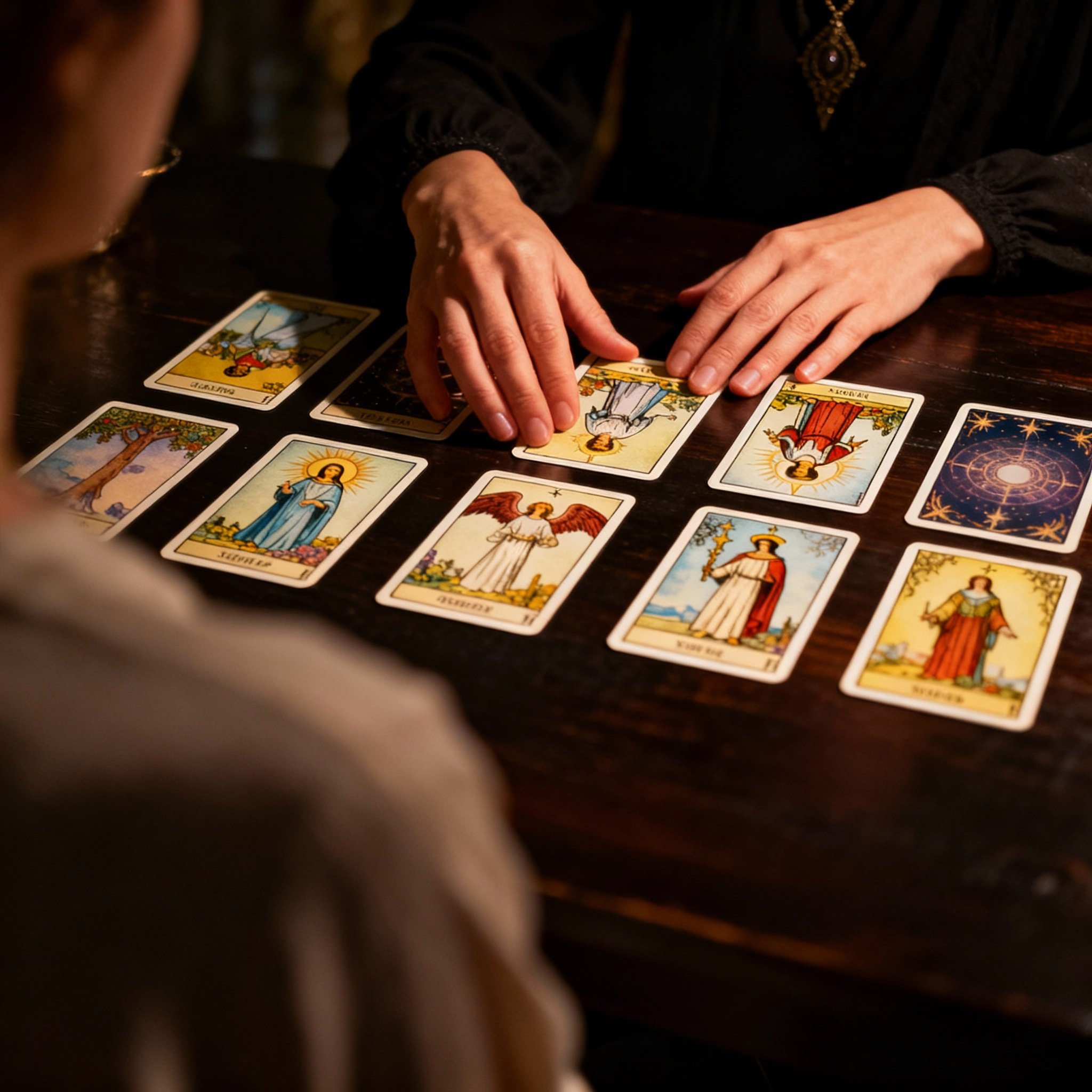 An over-the-shoulder view from a client's perspective, showing psychic Eva's hands professionally laying out a spread of beautiful oracle cards on a wooden table. The light is focused on the cards, revealing symbolic patterns and hinting at a profound, life-changing reading.