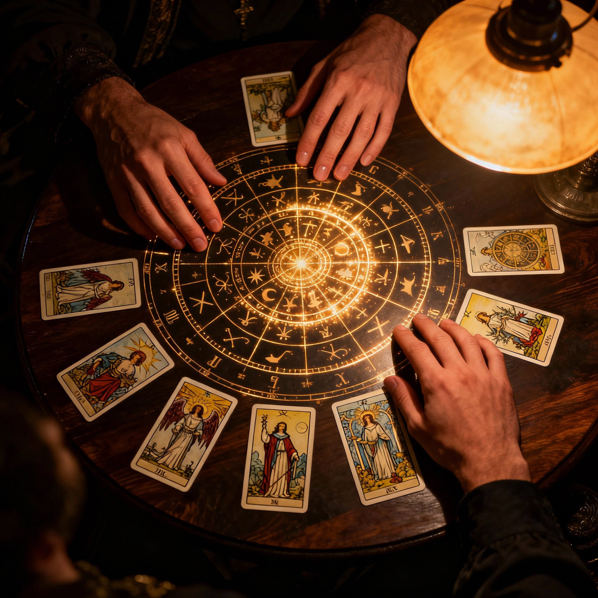 An overhead view of a consultation scene, with Tarot cards and a glowing astrological chart spread on a table, as the psychic's hands interpret them for a client, showing professionalism and focus.