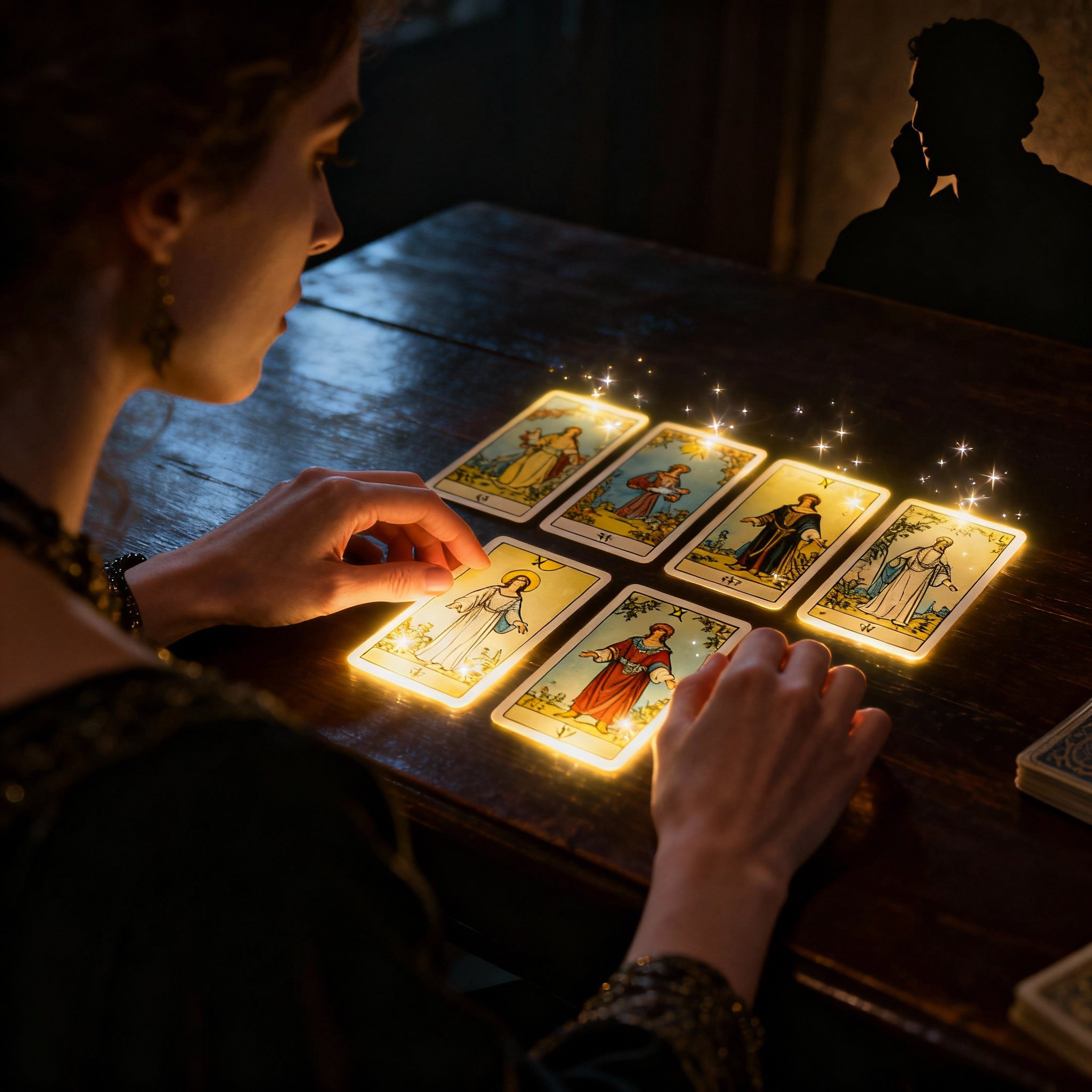 A psychic interpreting Tarot cards, with the cards emitting a soft glow, symbolizing the revelation of deep insights in an atmosphere of focus and interaction.