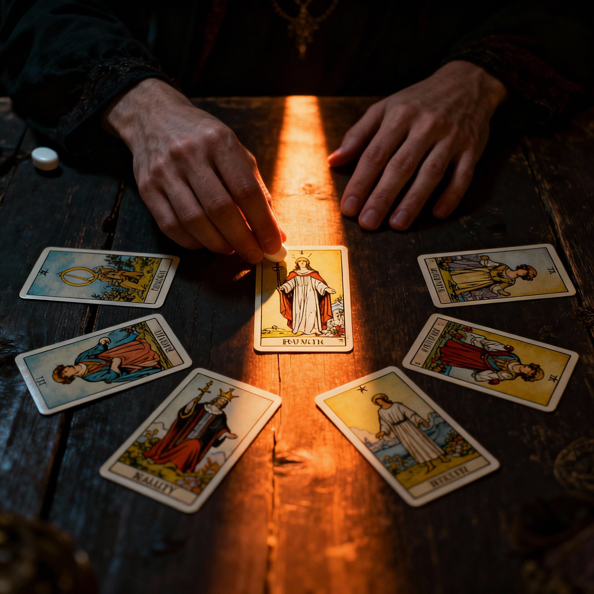 On a table, Mystic Muse's hands are elegantly spreading a set of Tarot cards. A focused beam of light illuminates the key cards, symbolizing the moment of insight that reveals the 'harsh realities'. The image is filled with a sense of focus and revelation.