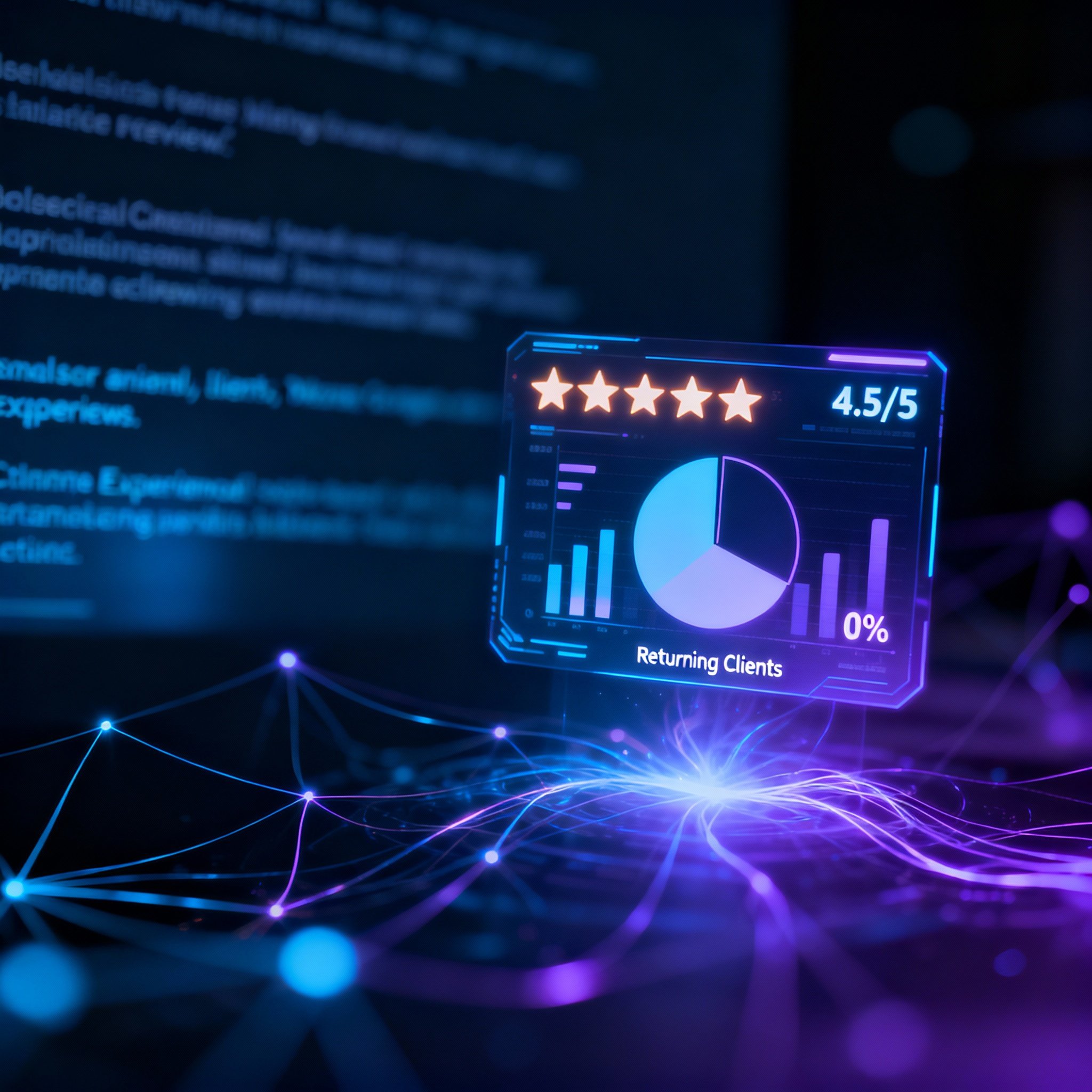 A conceptual data visualization scene. A glowing digital interface displays user reviews, star ratings, and a prominent 0% client retention pie chart, with energy lines connecting the data points.