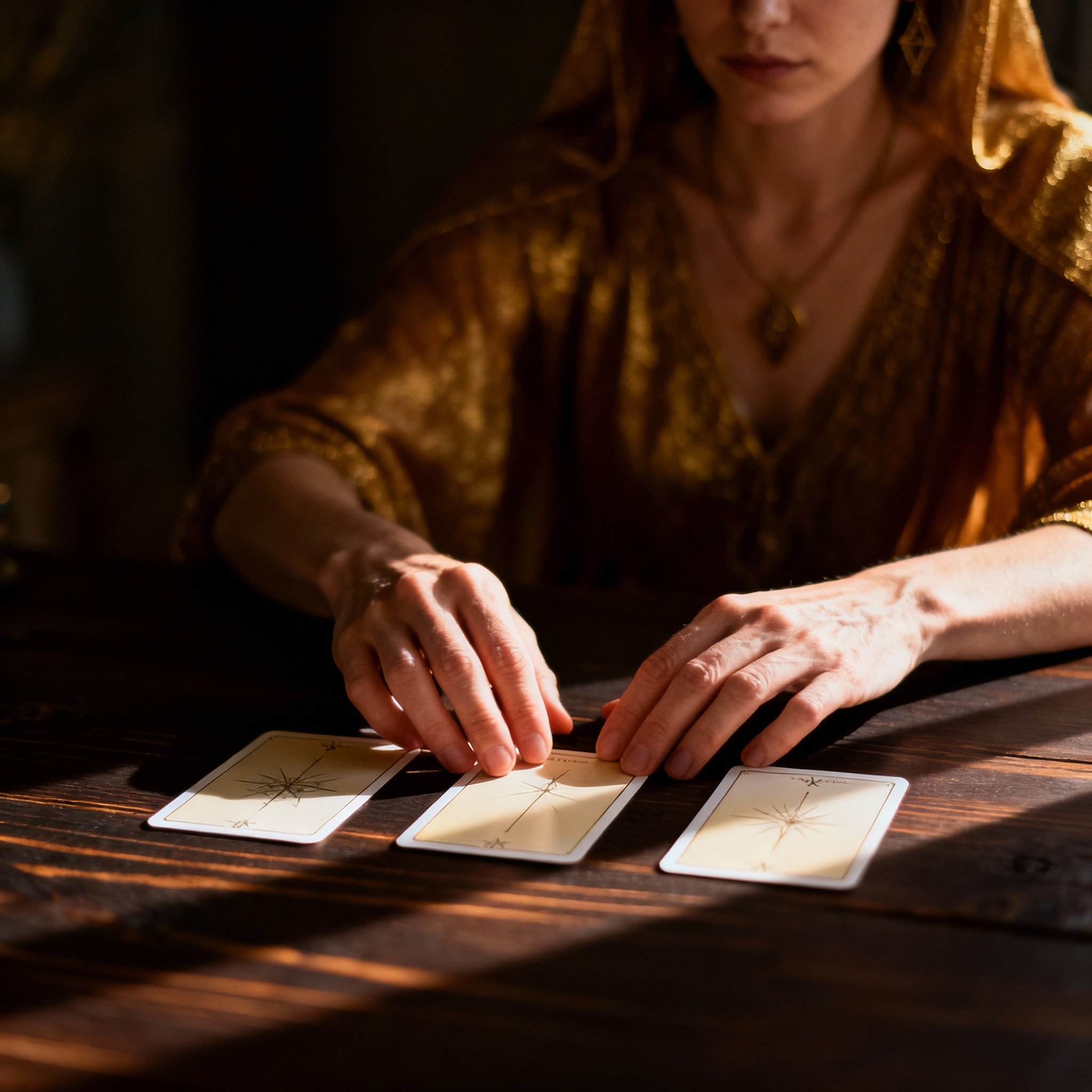 An over-the-shoulder view of a psychic's hands gently placing beautifully minimalist angel oracle cards on a wooden table, with light focusing on the cards, symbolizing a moment of deep insight.