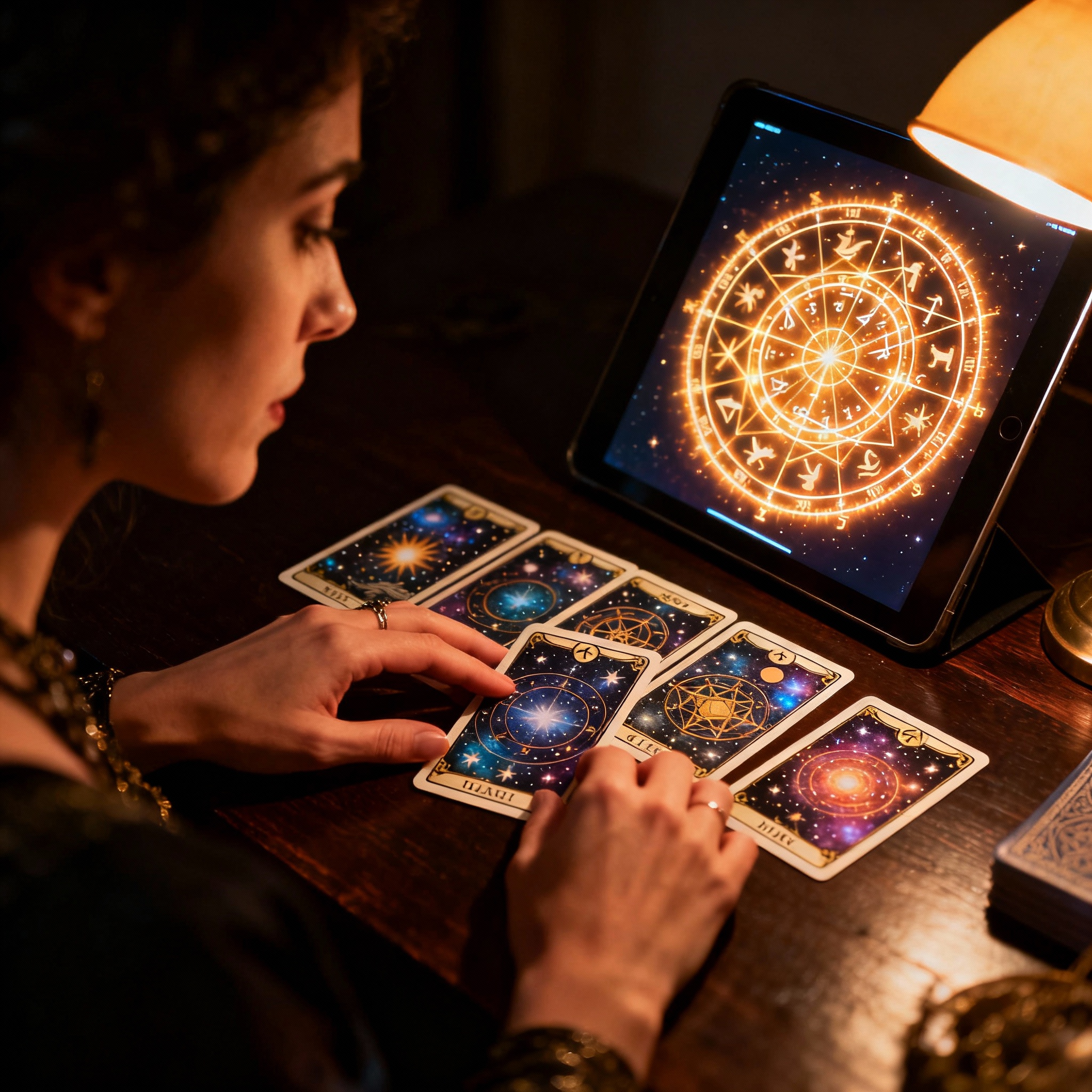 An over-the-shoulder view of Mystic Starseed during a consultation. His hands are gracefully poised over a spread of tarot cards, next to a glowing digital astrological chart, with the focus on the moment of interpretation and insight.