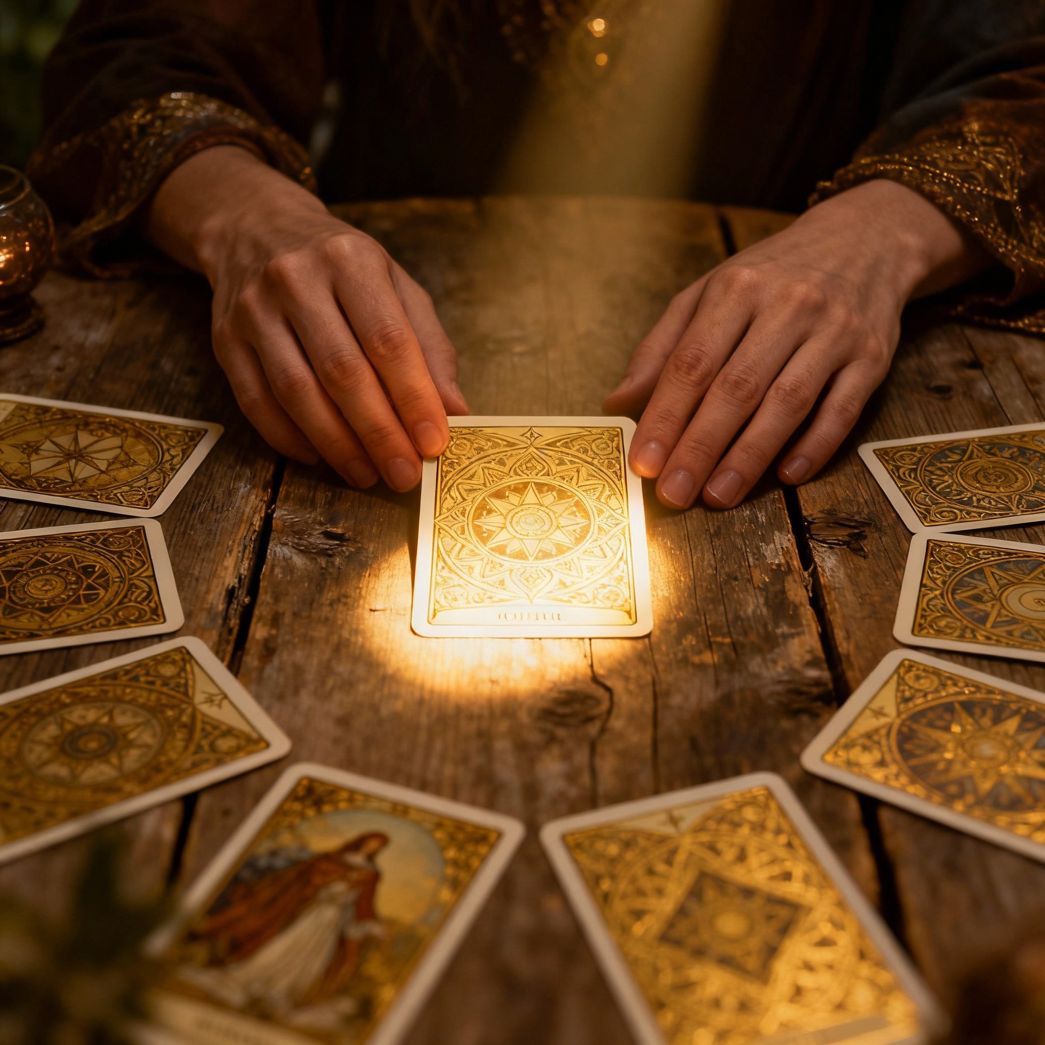 From a client's point of view, beautifully illustrated oracle cards are spread on a table. The psychic's hand points to one card highlighted by a beam of light, symbolizing a moment of decisive insight and clarity.