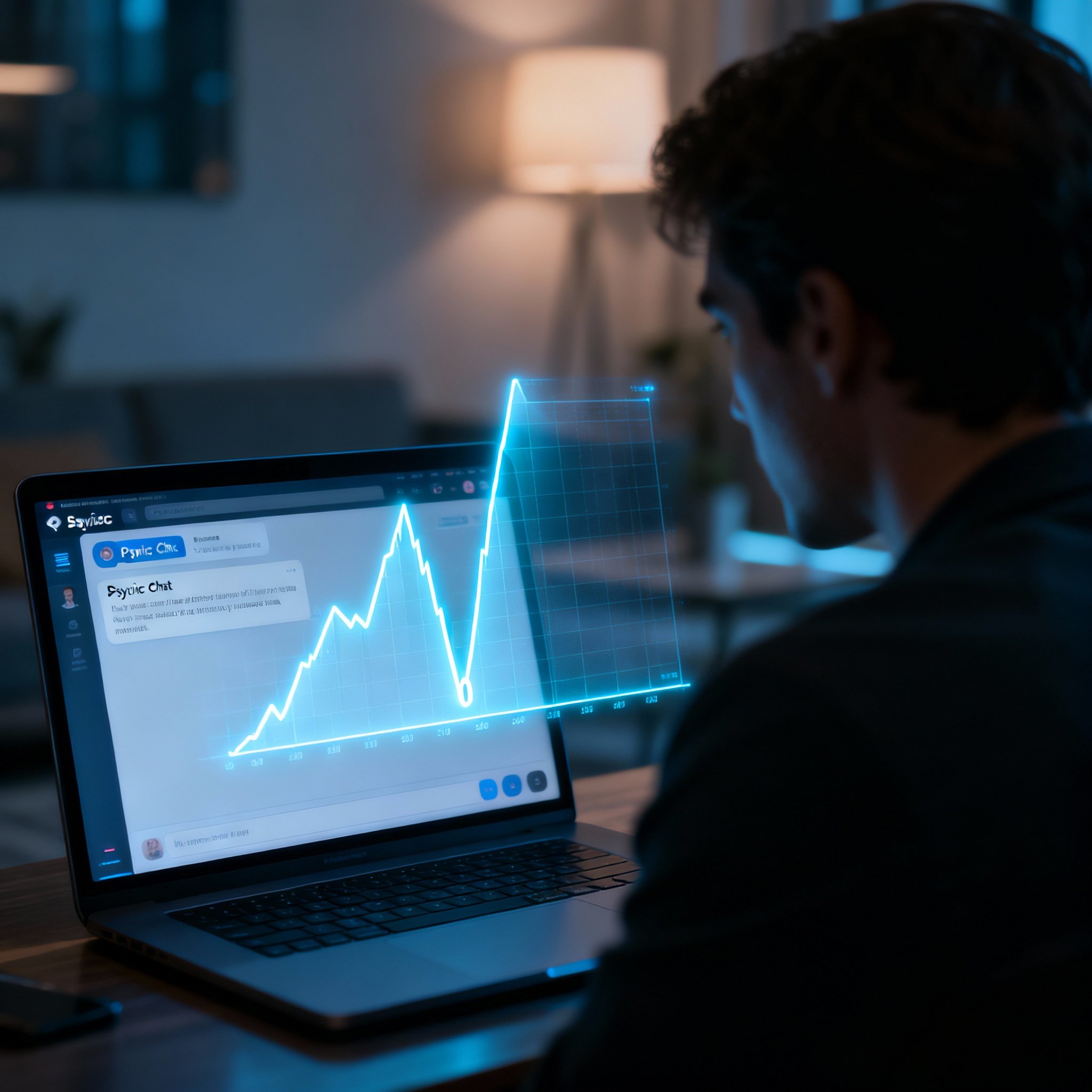 A user's perspective of a laptop screen showing an online chat consultation interface. Next to the chat window, a glowing line graph is overlaid, dramatically dropping from 100% to 0%, visualizing the critical '0% returning client rate' data point from the article. The scene merges personal consultation interaction with stark data analysis.