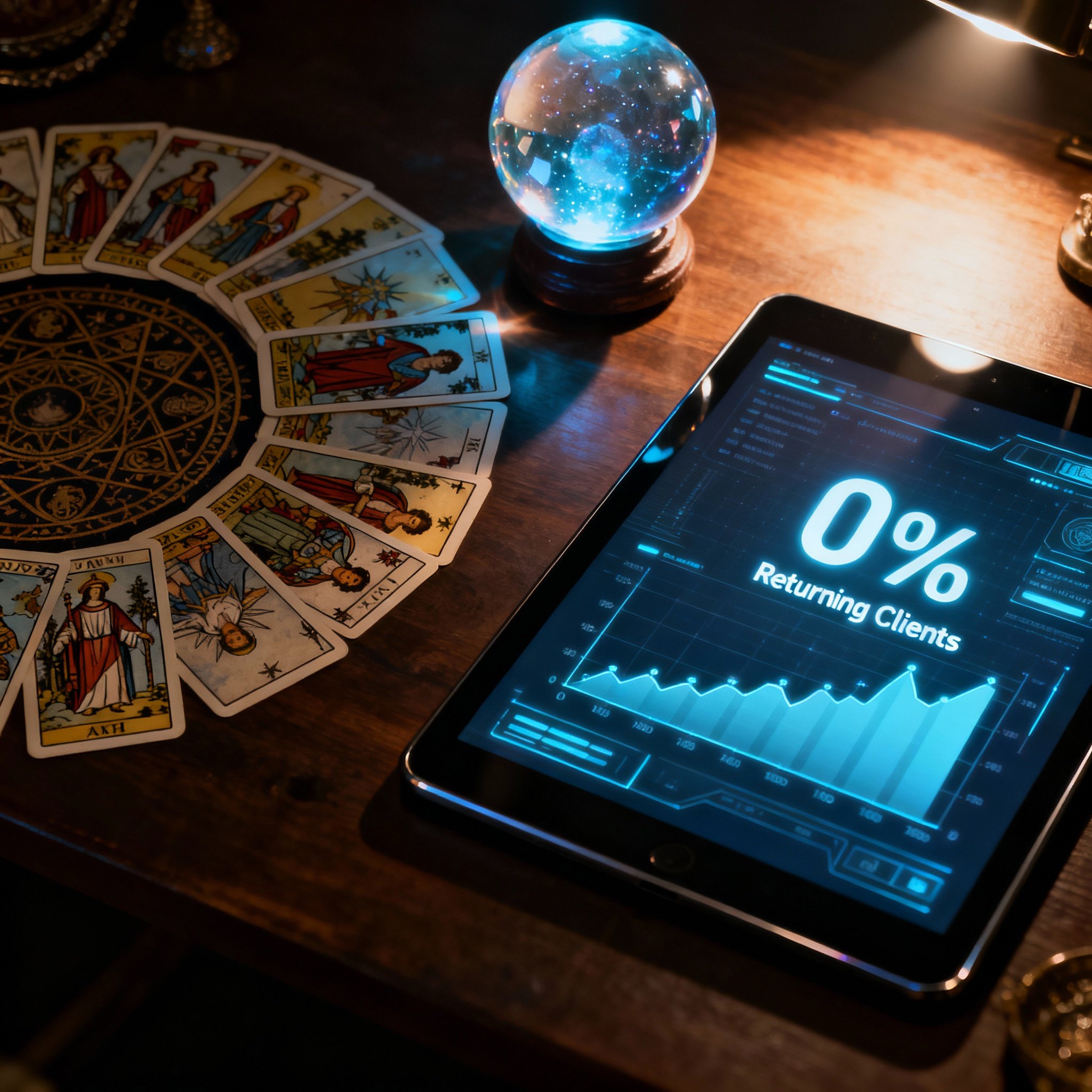 A table with tarot cards and a crystal ball, alongside a glowing tablet displaying a data chart showing a 0% user retention rate, symbolizing the combination of intuitive insight and data analysis.