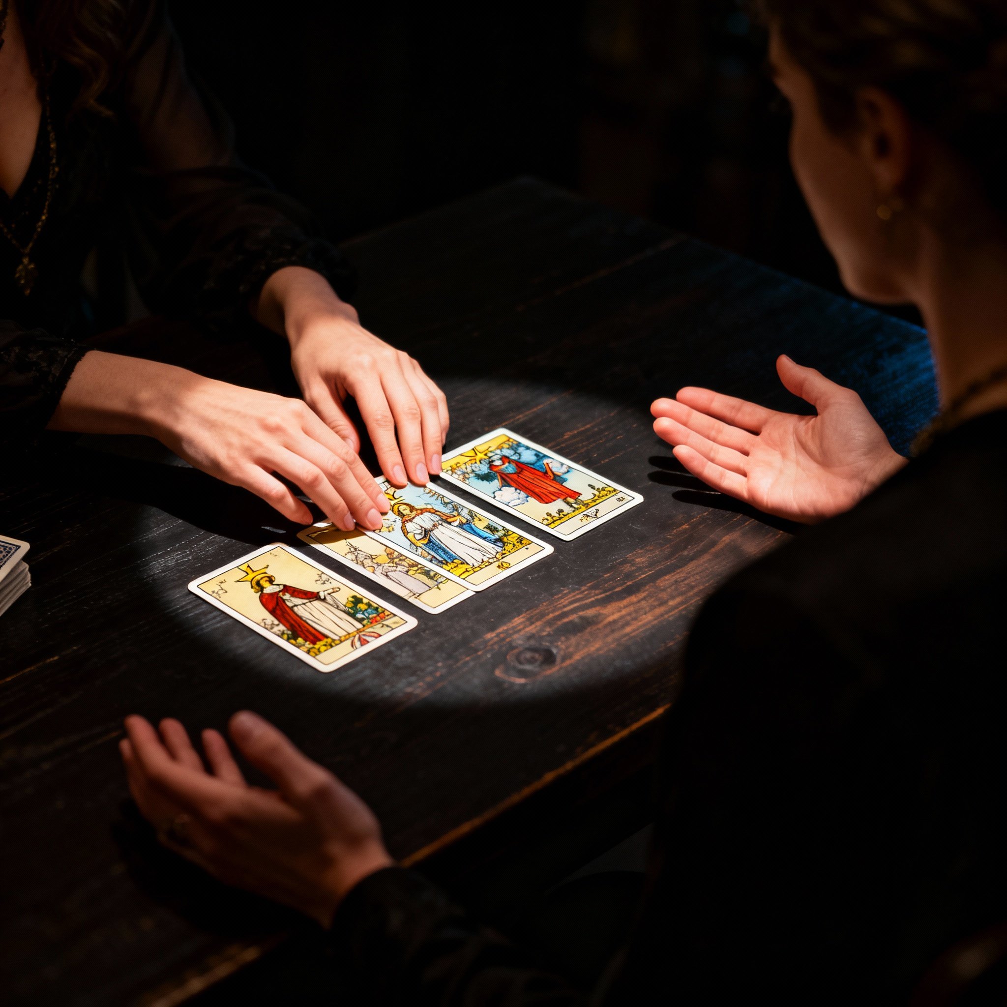 On a table, a psychic's hands are interpreting tarot cards for a client. A beam of light focuses on the cards, symbolizing the transition from confusion to clarity and representing deep insight.