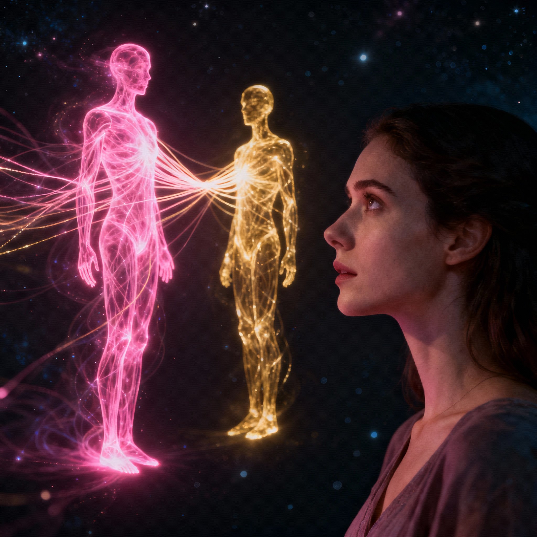 An abstract scene of a psychic interpreting the energy connection between two people. Glowing lines of emotion flow between their blurred silhouettes, symbolizing deep insight and intuition into a love relationship.