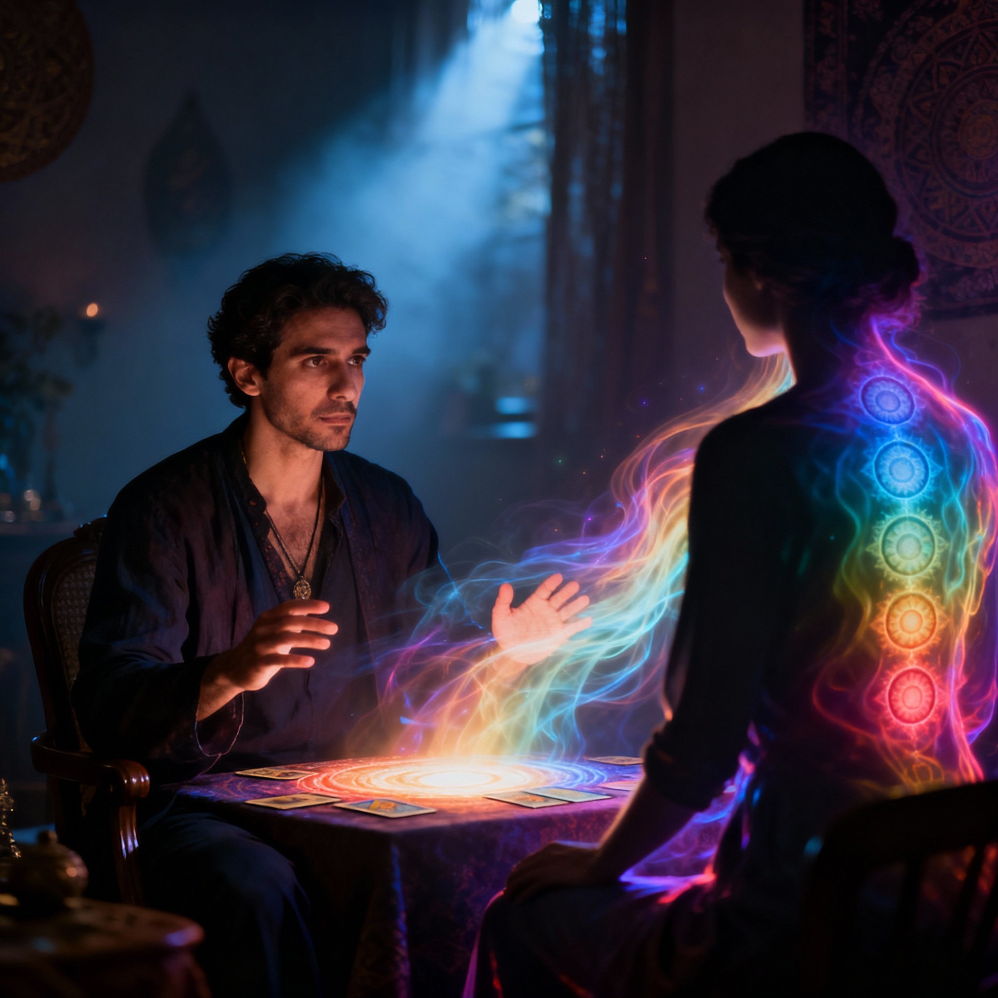 A psychic (Raffi) is in a consultation with a client. The client's silhouette is enveloped in a soft, colorful aura representing their energy field. The psychic is focused, sensing this energy without using any tools, emphasizing his insightful ability for direct energy reading.