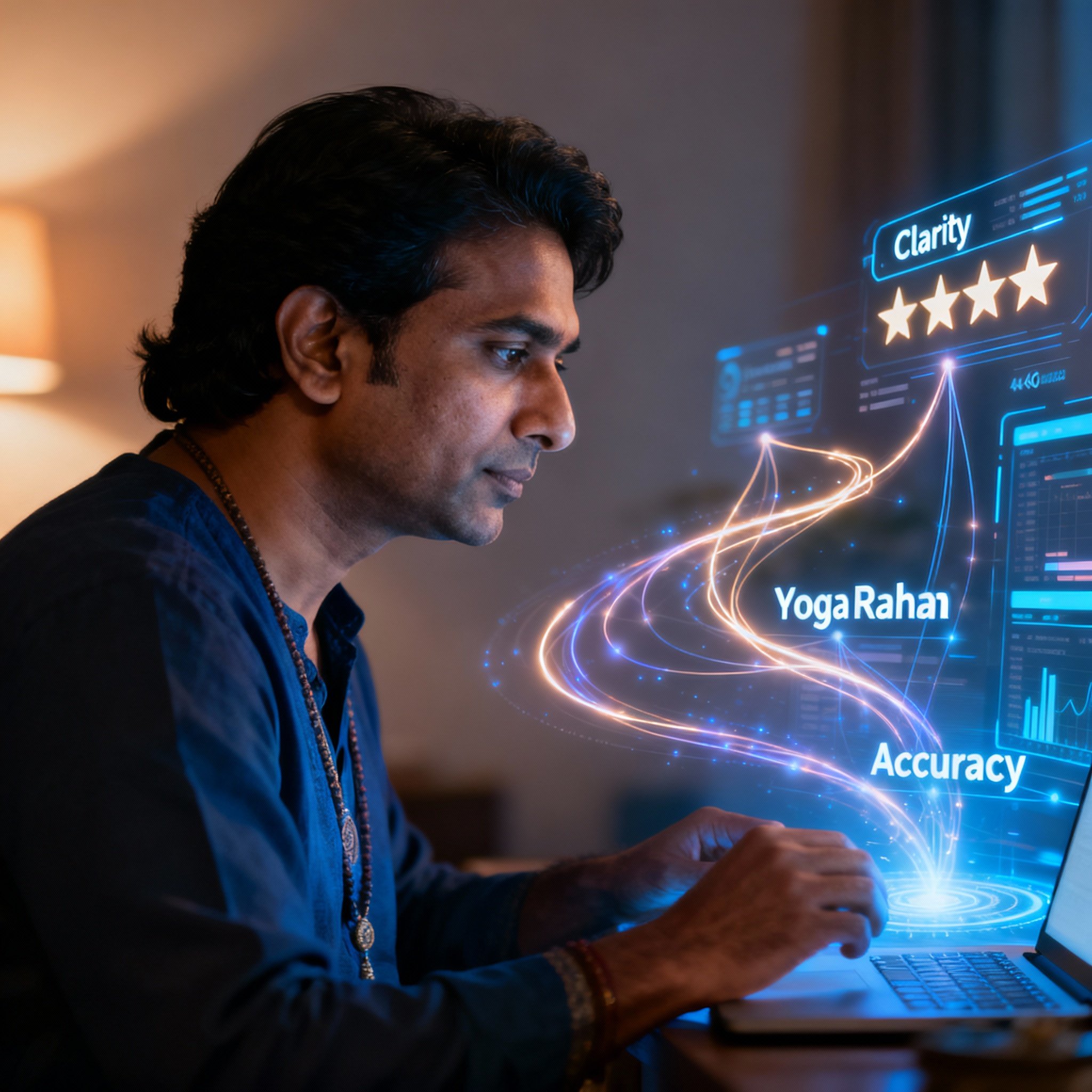 A scene of a psychic conducting a consultation. He is seen in profile, listening intently, surrounded by abstract holographic data streams representing client feedback and energetic connections, illustrating the blend of intuition and data analysis.
