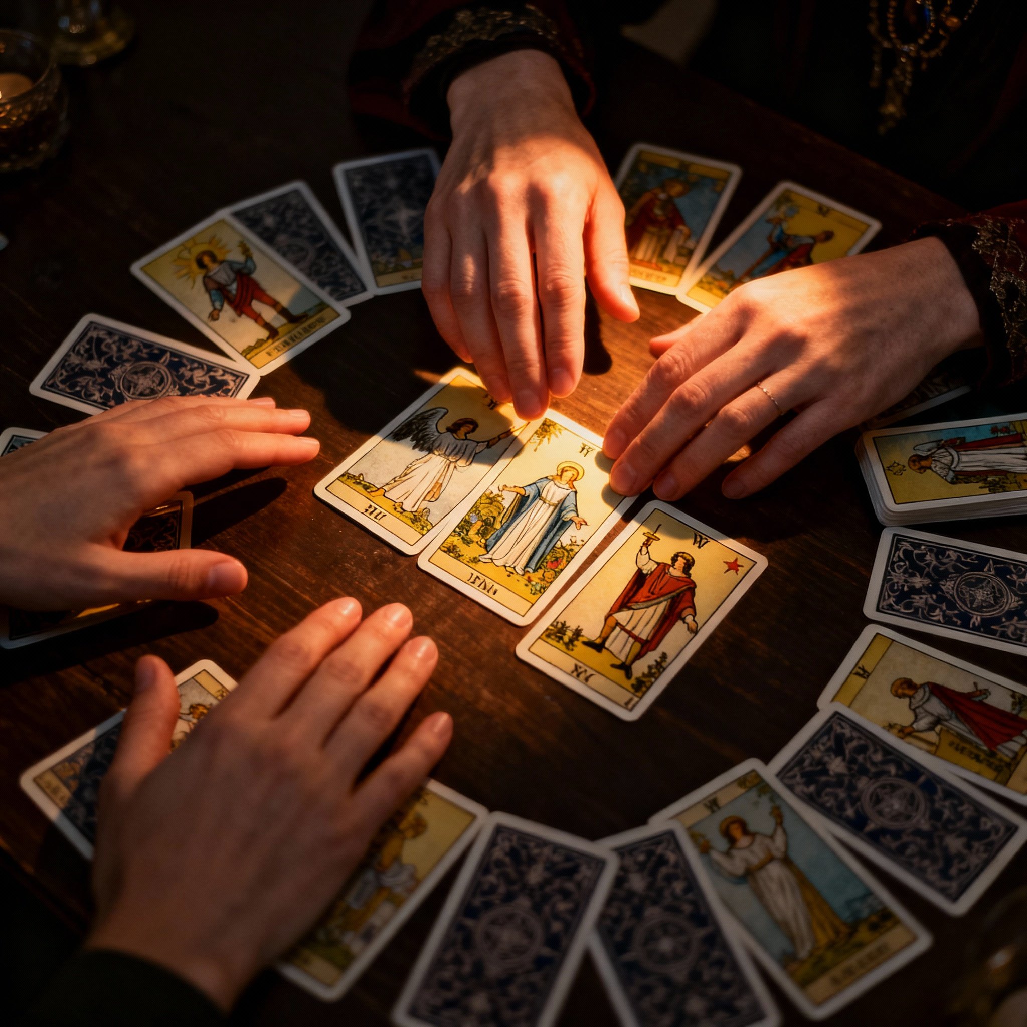 An overhead view of a consultation in progress. A psychic's elegant hands point to a specific tarot card in a spread on a wooden table, explaining its meaning. The client's hands are nearby, postured in a way that shows attentive listening. Warm light is focused on the cards, which are beautifully illustrated, symbolizing a moment of clarity and insight.