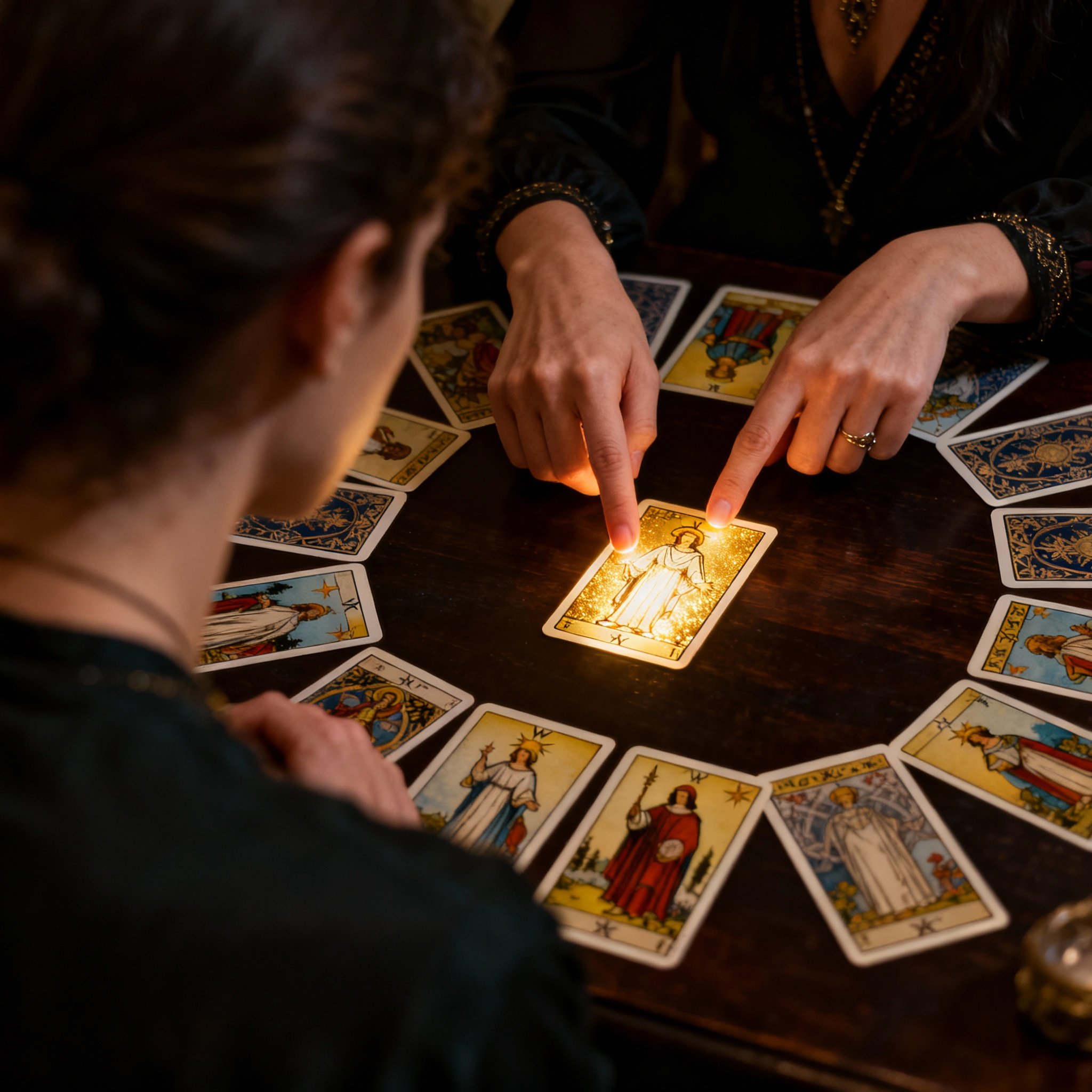 An over-the-shoulder view of a client looking at glowing Tarot cards spread on a table. The psychic's hands are pointing to one card, explaining its meaning to the client, creating a scene of focus and revelation.