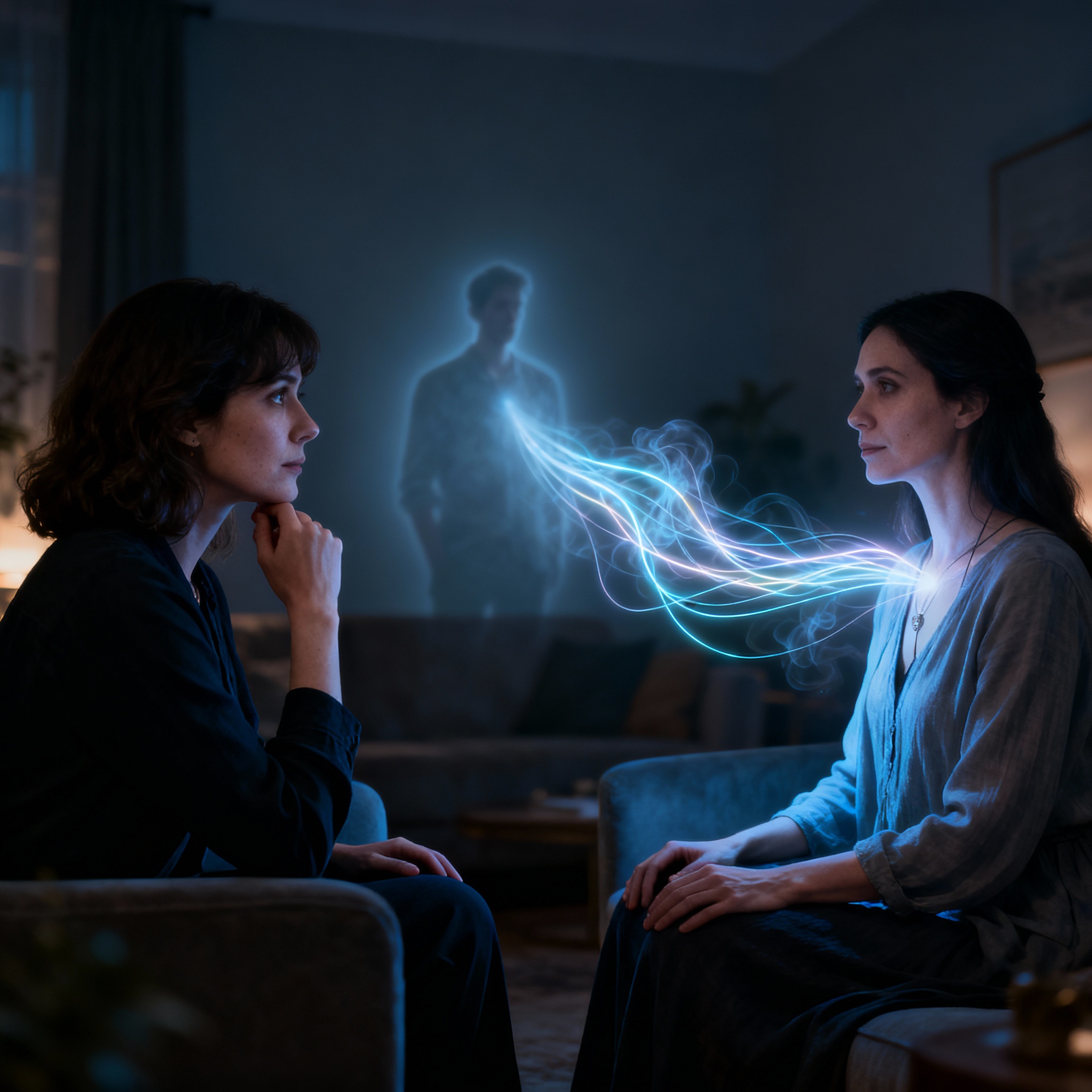 A symbolic consultation scene where glowing lines of energy connect a psychic and a client, representing a deep reading of another's thoughts and emotions.