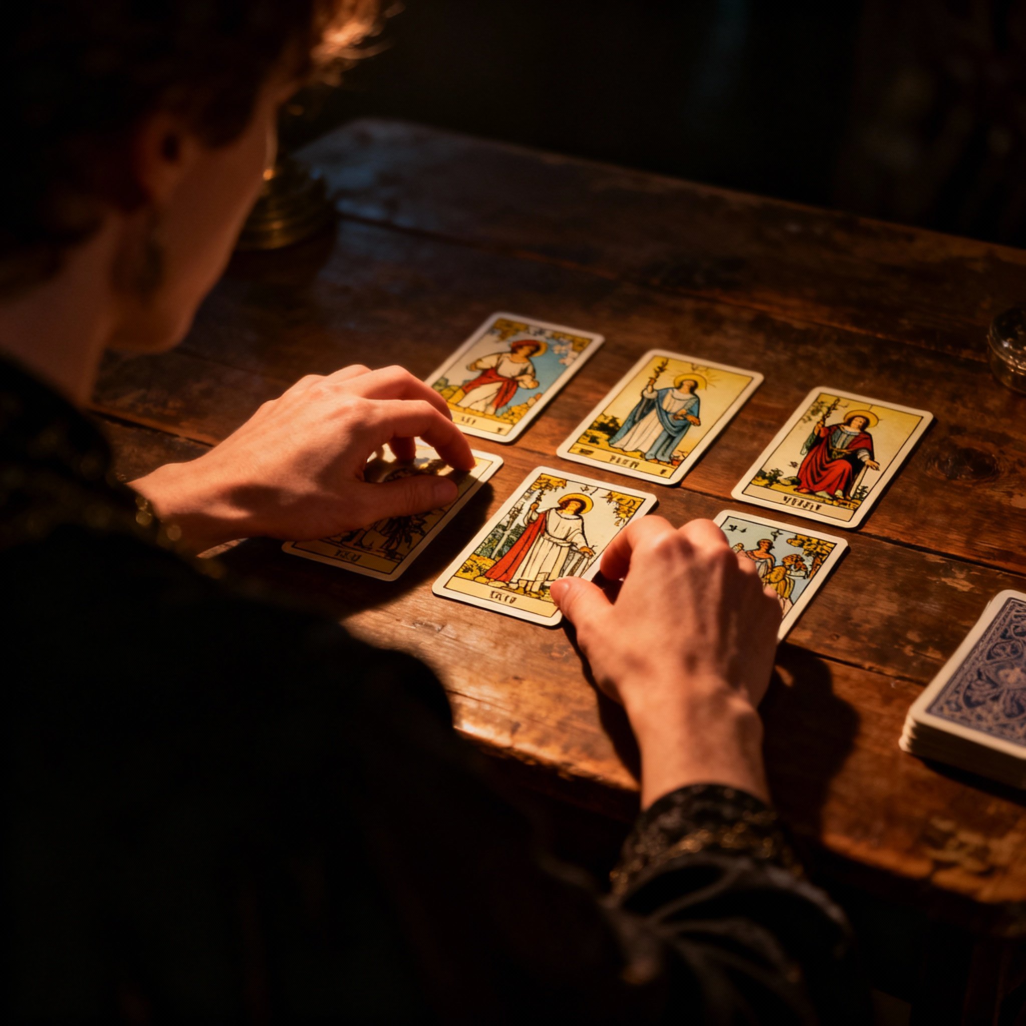 An over-the-shoulder view of a psychic interpreting Tarot cards laid out on a table for an unseen client, with light focusing on the cards, revealing symbolic wisdom.