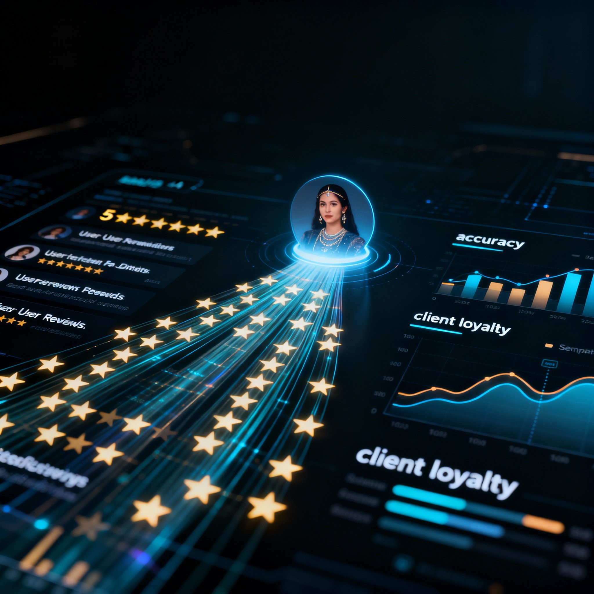 A conceptual image showing numerous user review data points and star ratings converging into a clear analytical insight about a psychic's abilities, highlighting key metrics like accuracy and client loyalty.