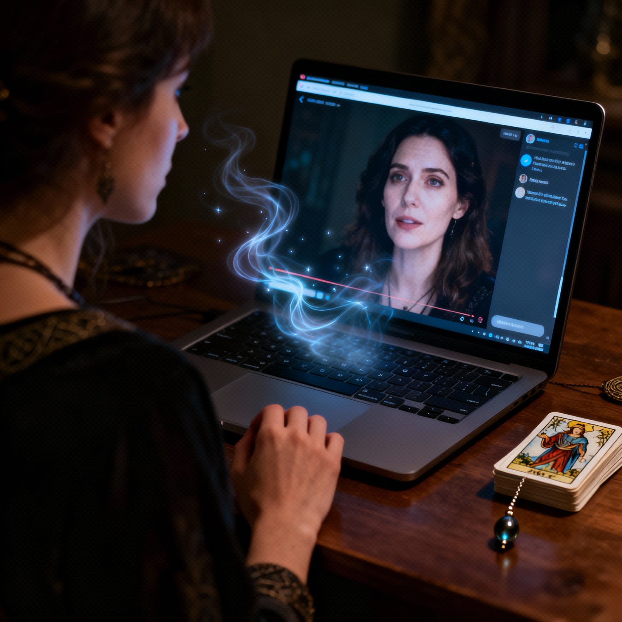 A psychic gazes intently at her laptop screen during an online video consultation. Her expression is focused and empathetic, as if she is piercing through the screen to perceive her client's energy field directly.