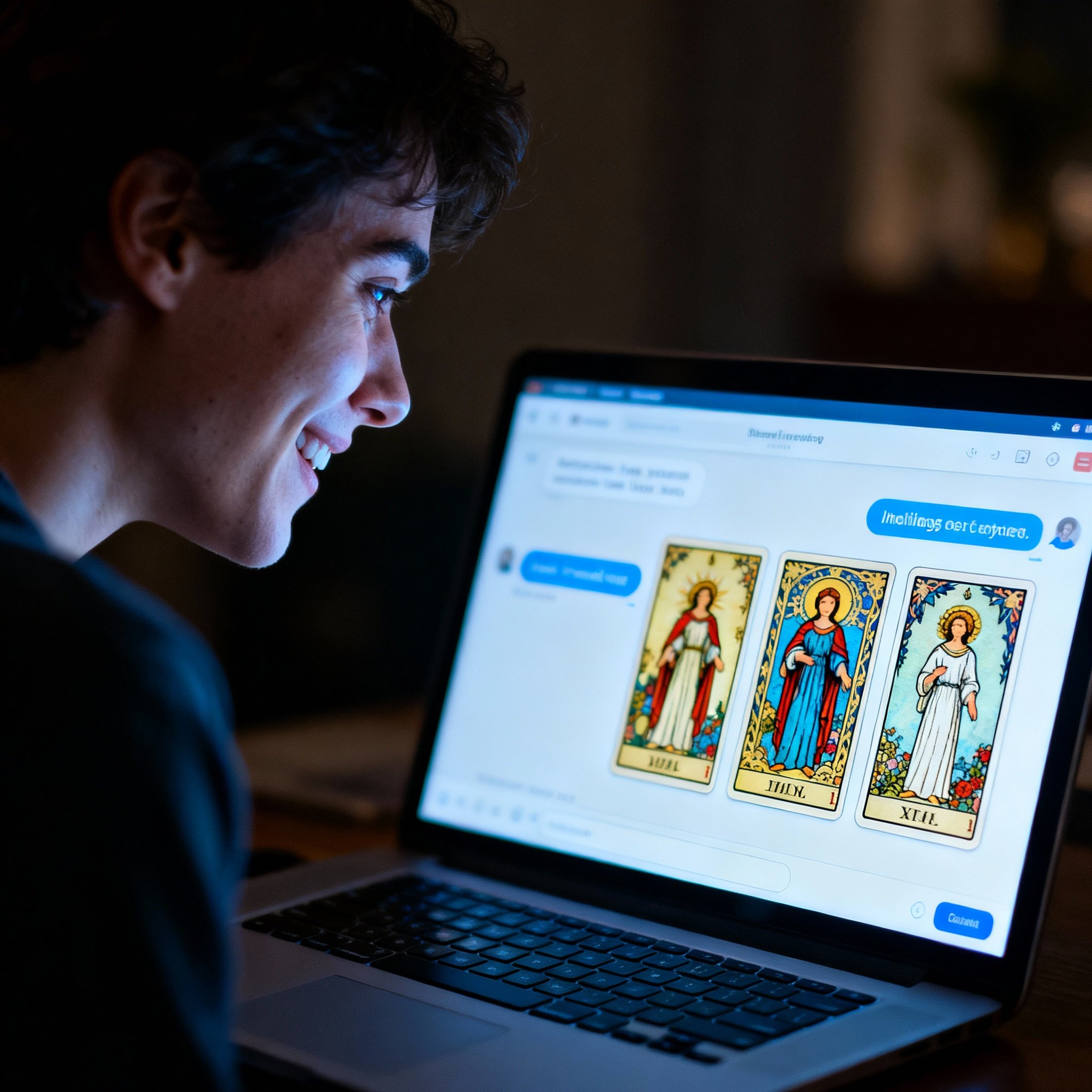 A scene depicting a client having an online chat consultation with a psychic. The screen shows a chat interface and images of Tarot cards, while the client's face shows an expression changing from confusion to relief, symbolizing a moment of insight.