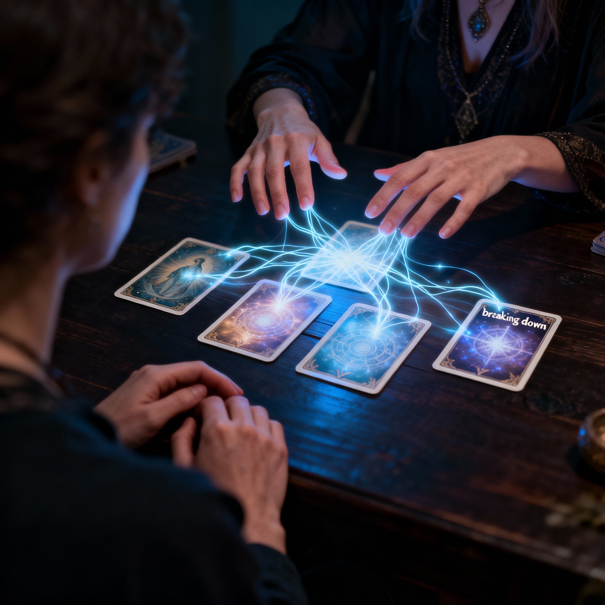 An over-the-shoulder view of a psychic's hands hovering above glowing oracle cards, with streams of energy connecting them, revealing the heart of the matter for a client across the table.