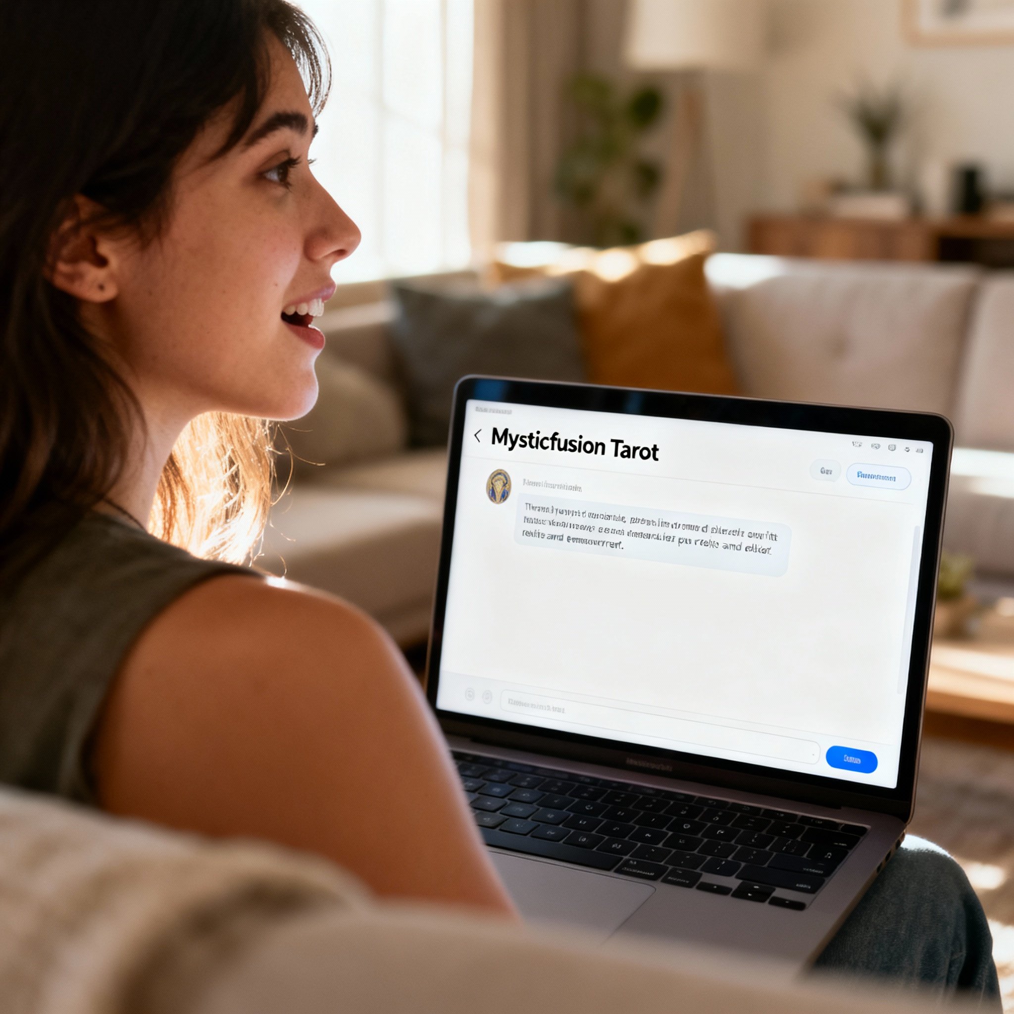 A user engaged in an online chat consultation with Mysticfusion Tarot, with insightful messages on the screen, and a look of realization and relief on the user's face.