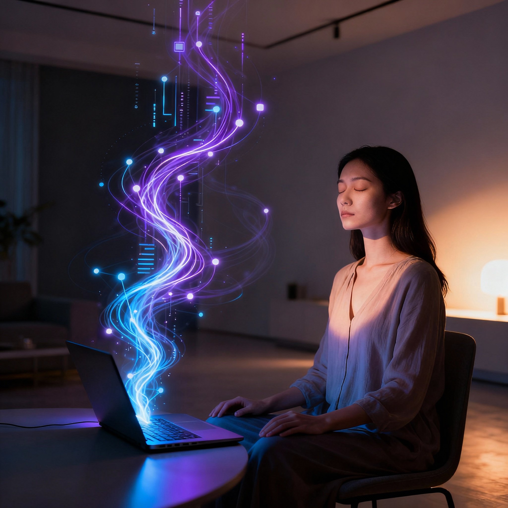 A psychic sits at her desk with her eyes closed in deep concentration. Abstract, glowing streams of data and connection lines rise from a screen in front of her, symbolizing her ability to rapidly interpret information and gain profound insights.