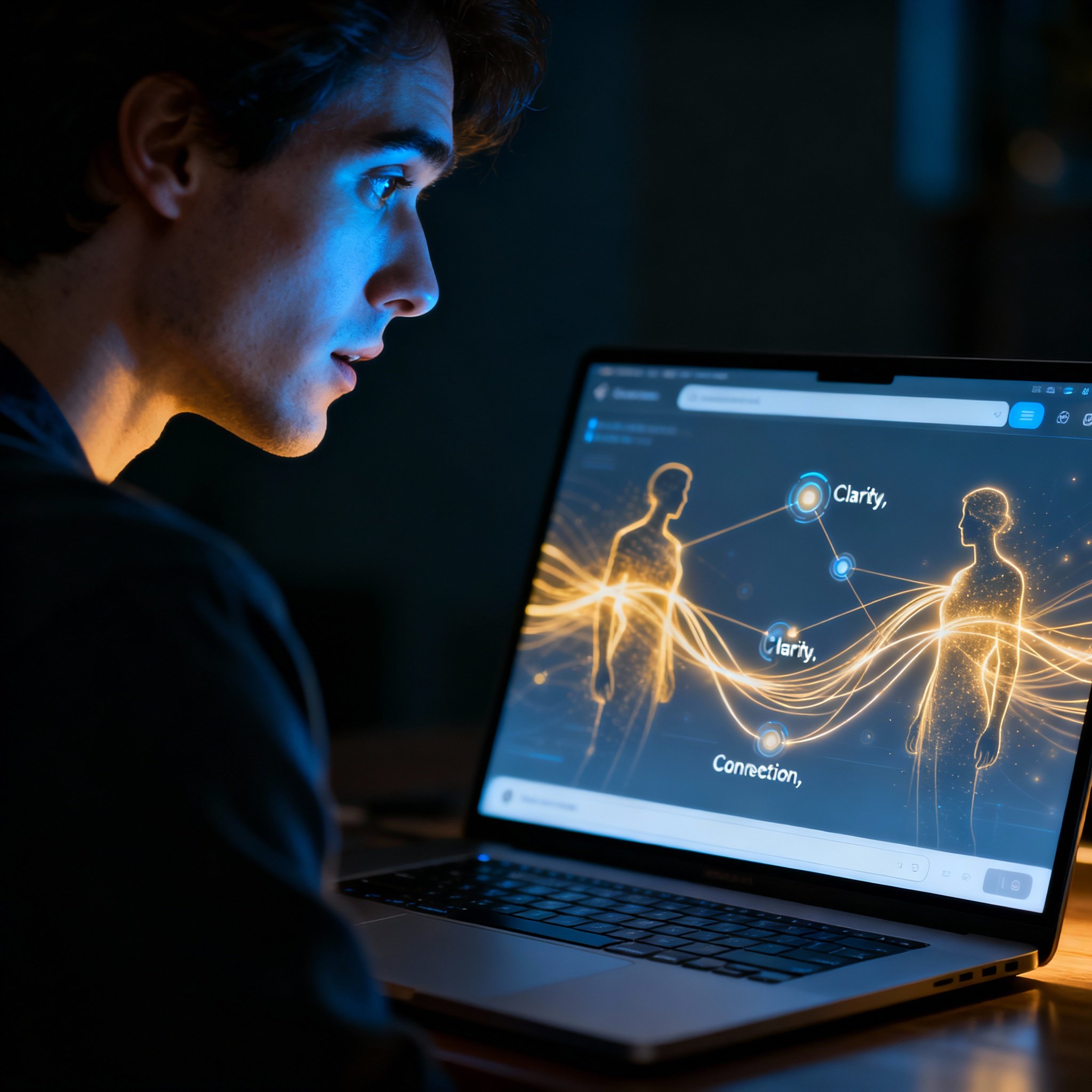 A user engaged in an online chat consultation, with the computer screen displaying abstract energy flows and keywords related to relationship dynamics, visualizing Tiffany Luna's quick and precise insights.