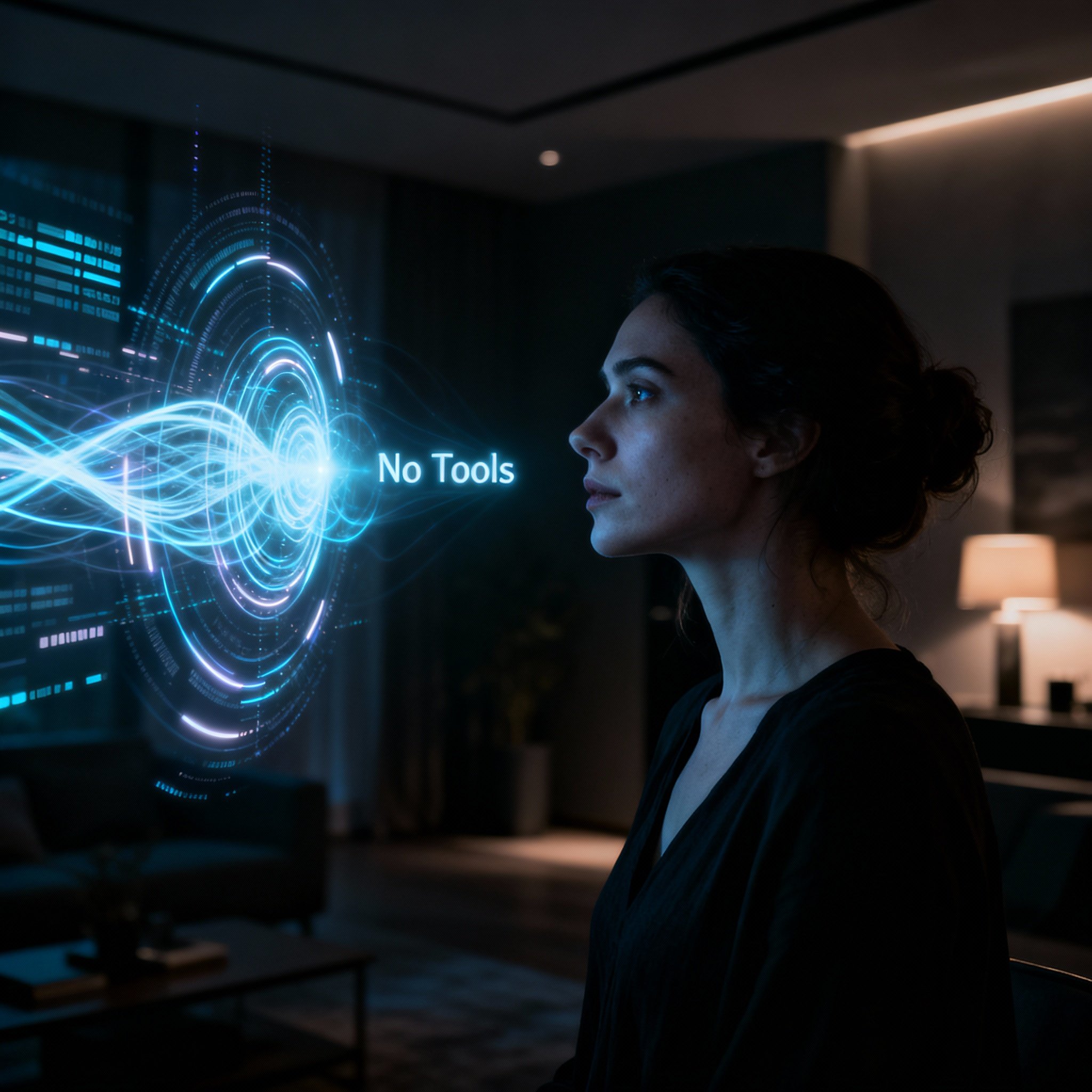 A psychic sits in profile, focused on interpreting abstract streams of light and data flowing in the air before her, representing her 'No Tools' ability to gain deep insights and showing the depth of the consultation process.