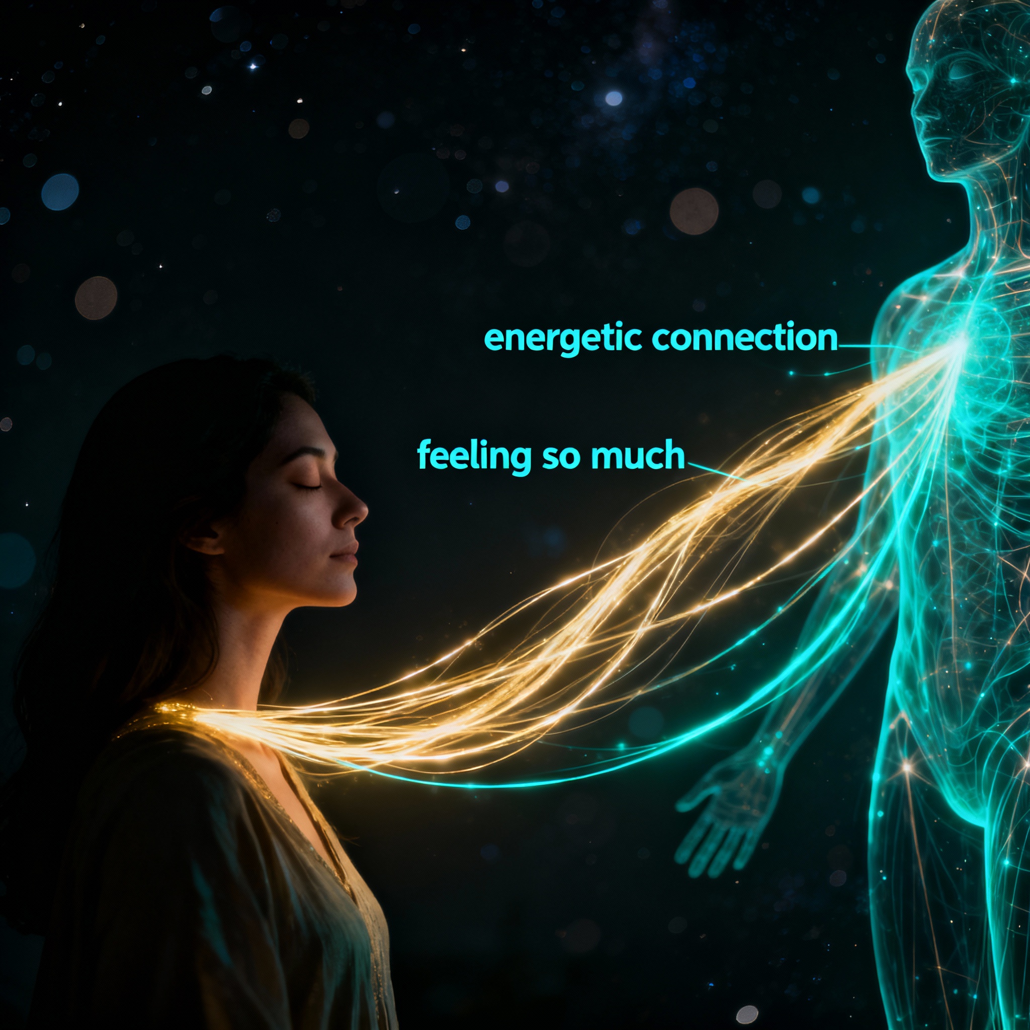 An abstract, artistic image depicting the flow of energy between a psychic and a client. Luminous lines and soft light particles connect the two, symbolizing intuitive insight and emotional understanding.