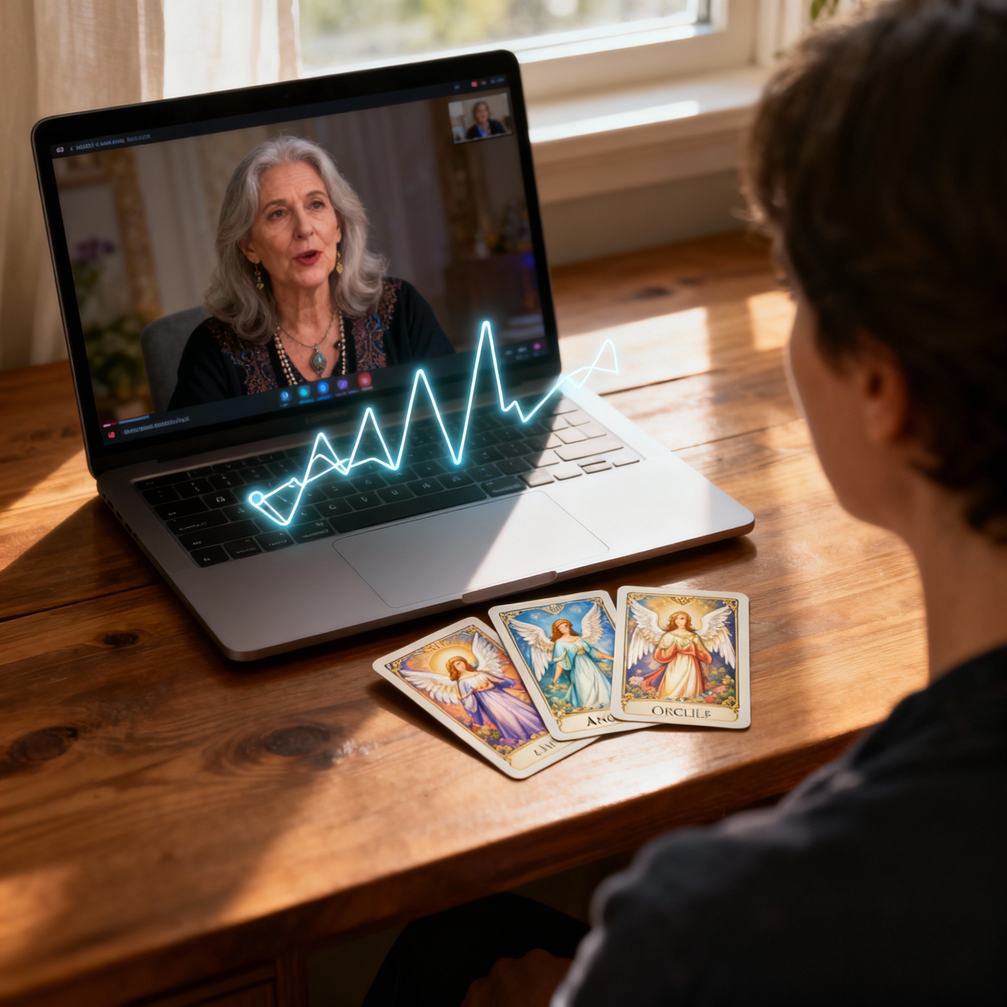 An over-the-shoulder view of a client engaged in an online consultation. A laptop shows a video call with the psychic, while beautifully illustrated oracle cards rest on the desk beside it, symbolizing the combination of intuitive insight and data analysis.