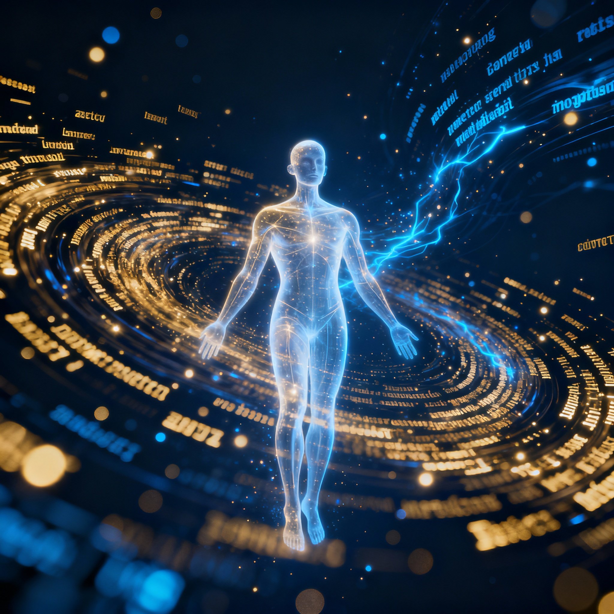 Hundreds of glowing data points and review snippets converge against a dark background, forming a clear, luminous human energy field silhouette, symbolizing the profound insight and clarity distilled from mass user feedback.