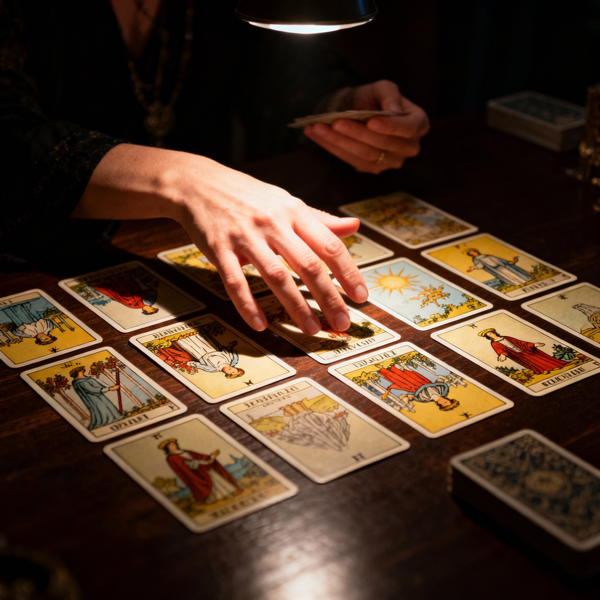 A client's point-of-view shot of a psychic interpreting a spread of tarot cards. Her hands move with confidence and focus over the cards, conveying clarity and professional insight.