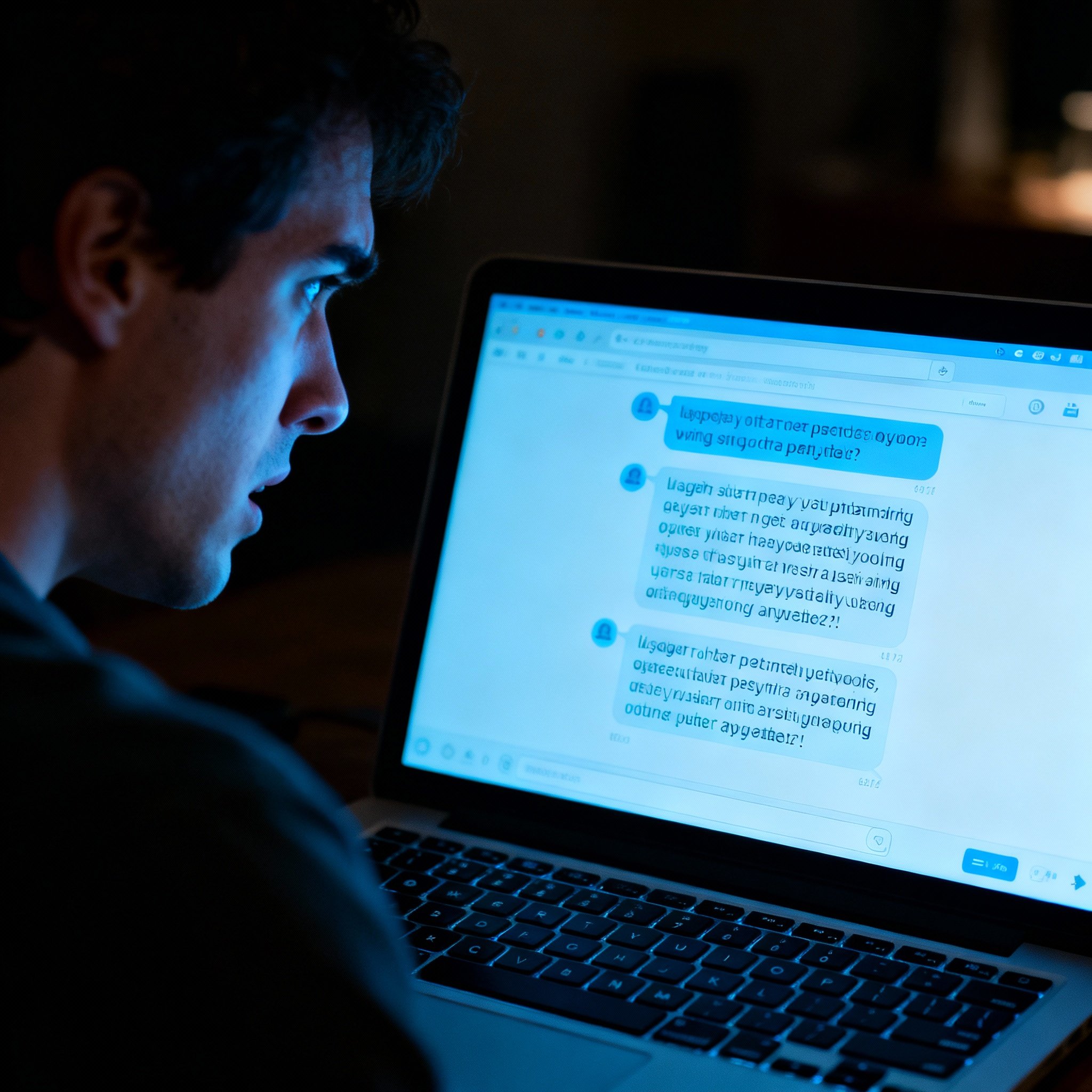 An over-the-shoulder view of a user looking at a laptop screen with a confused expression, showing a cryptic chat conversation, highlighting the frustration of a failed psychic reading.