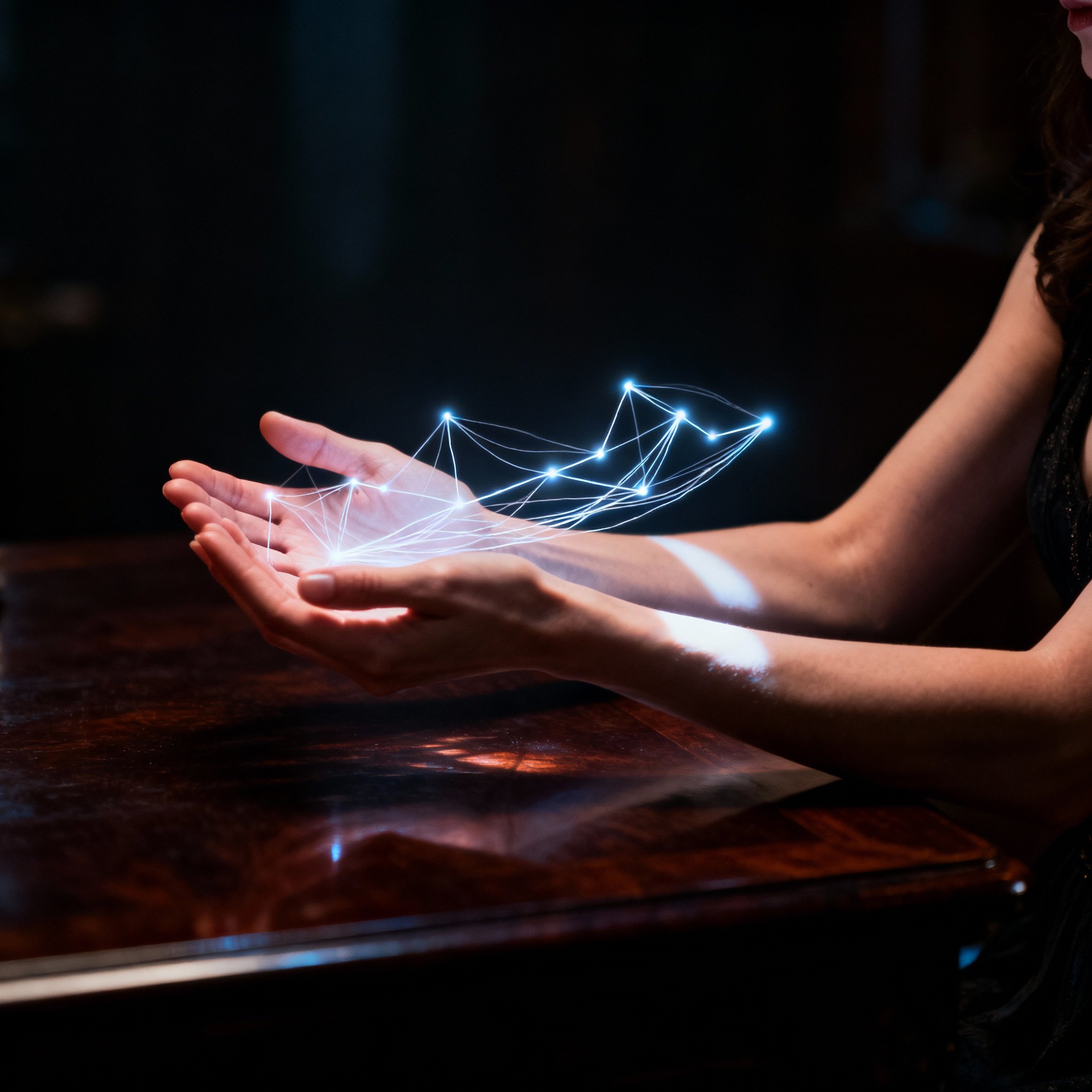 An allegorical image of a consultation, where a psychic's hands hover over a table as glowing lines of energy flow between her fingers, symbolizing relationships and timelines being deciphered.
