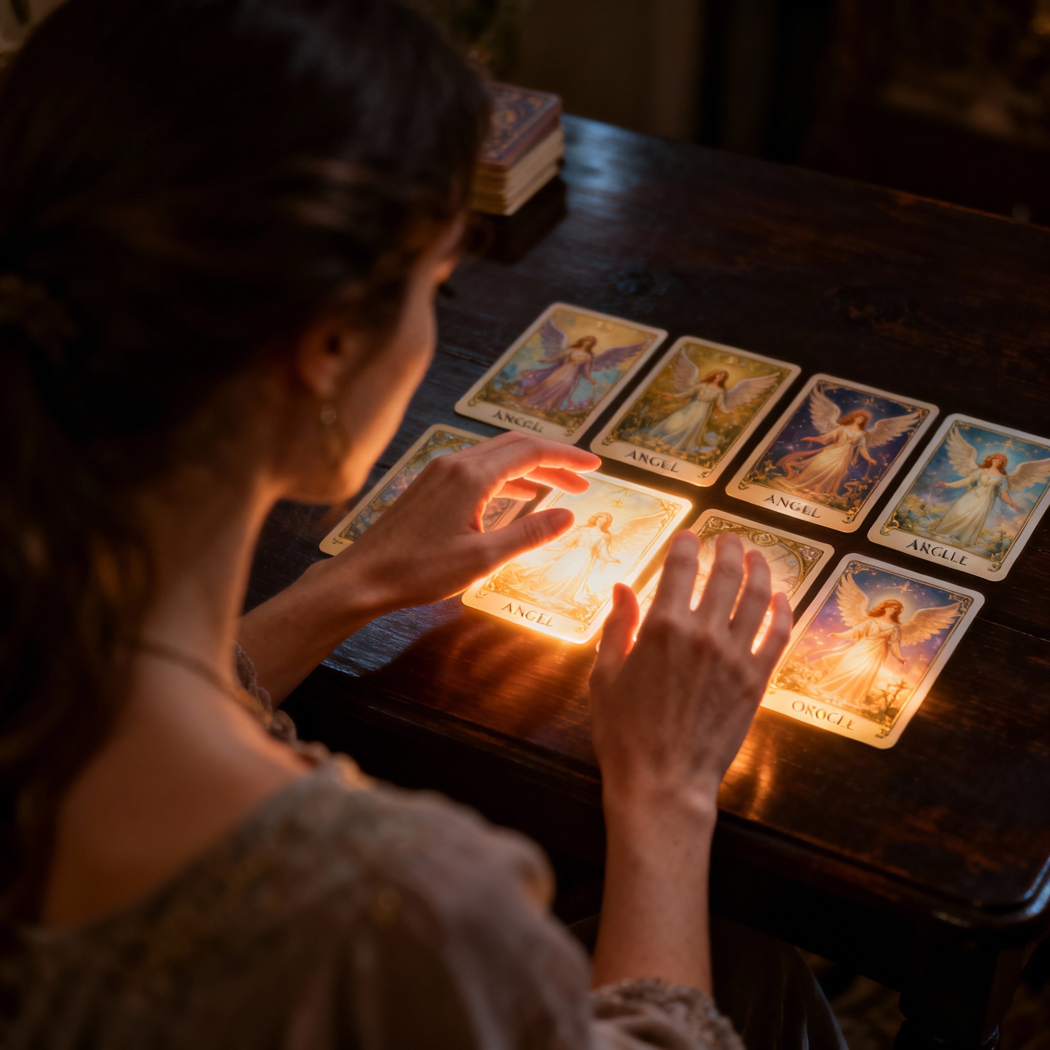 A pair of hands gracefully spread over glowing Oracle cards on a table, with a soft light emanating from the cards, symbolizing the psychic's process of interpreting energy and providing deep insights and guidance for a client.