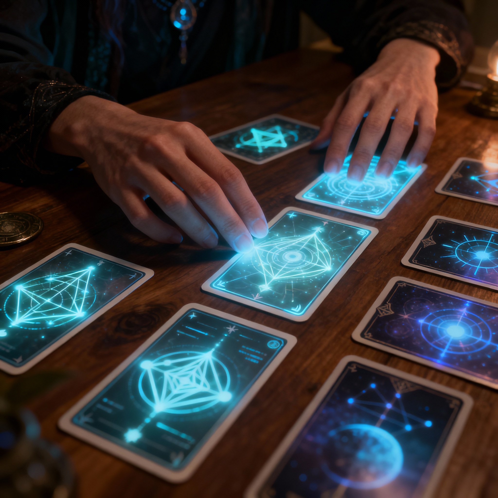 An overhead view of a consultation scene, where a psychic's hands arrange glowing tarot and oracle cards on a table, which display abstract symbols, representing deep life insights for a client.