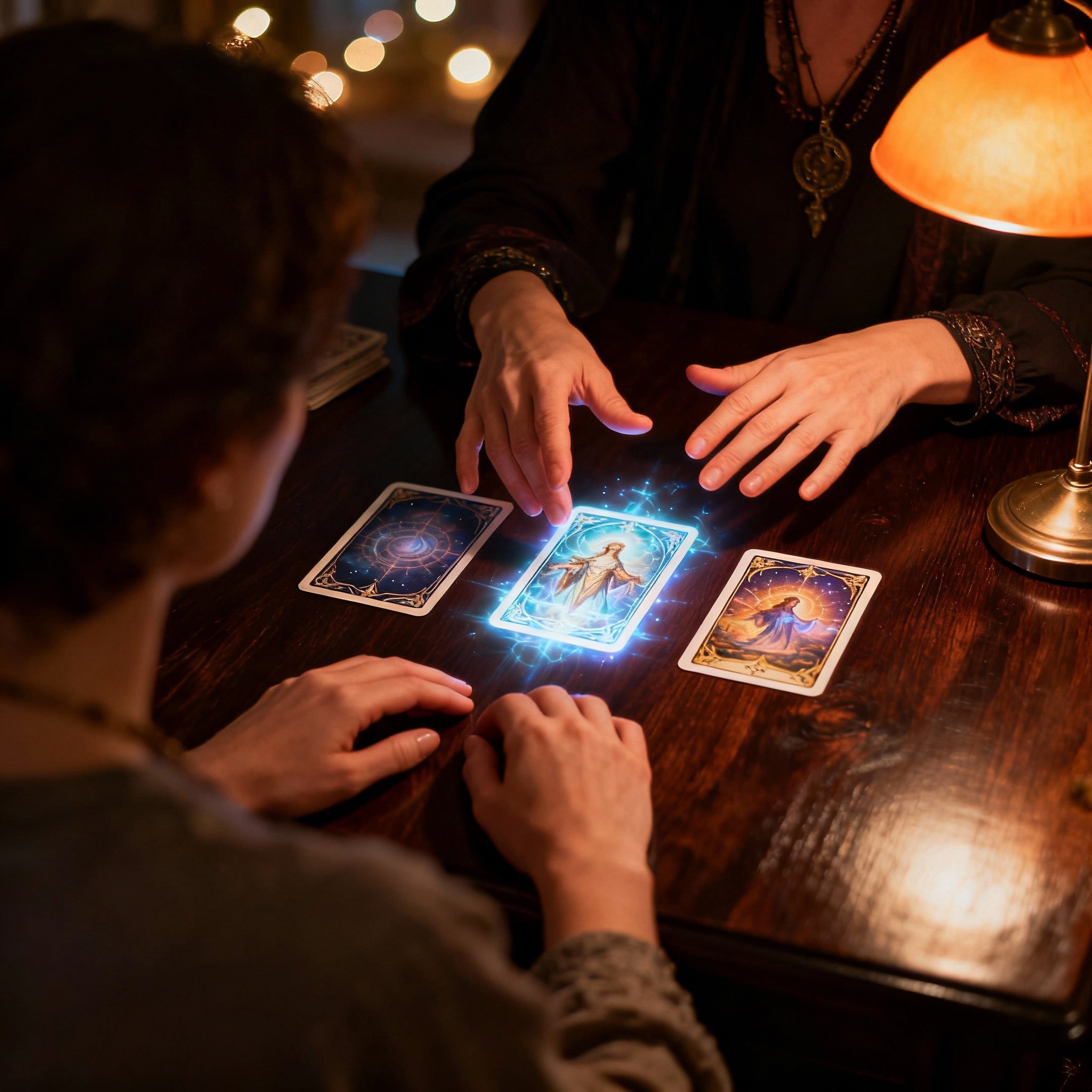 An over-the-shoulder view of a client looking at beautifully illustrated oracle cards spread on a table. The psychic's hand is gently pointing to one card, in a scene that feels serene and insightful under warm lighting.