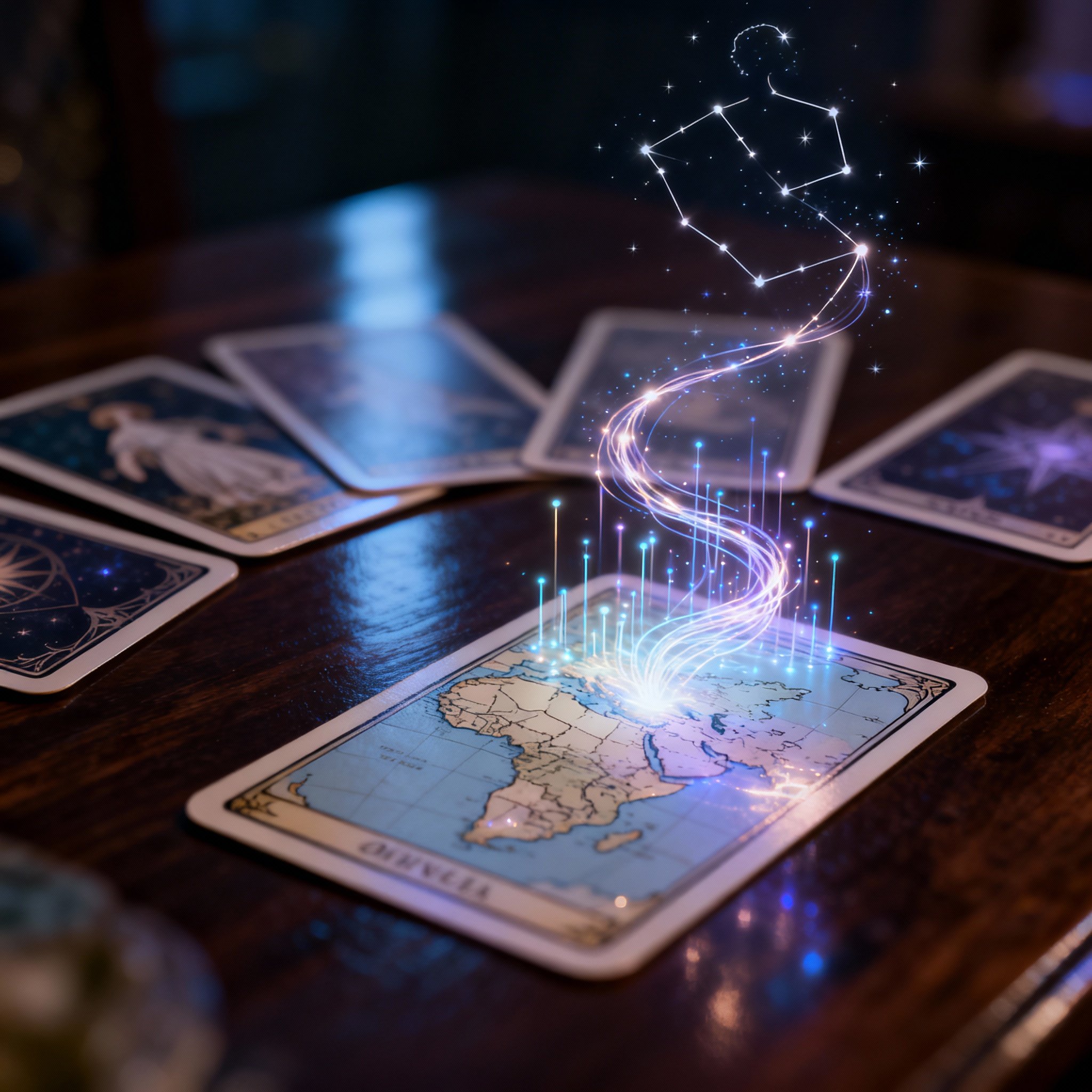 An abstract consultation scene where glowing oracle cards on a table emit light, with light rays and data points weaving into a complex map of destiny in the air, symbolizing the process of gaining deep insight from information.