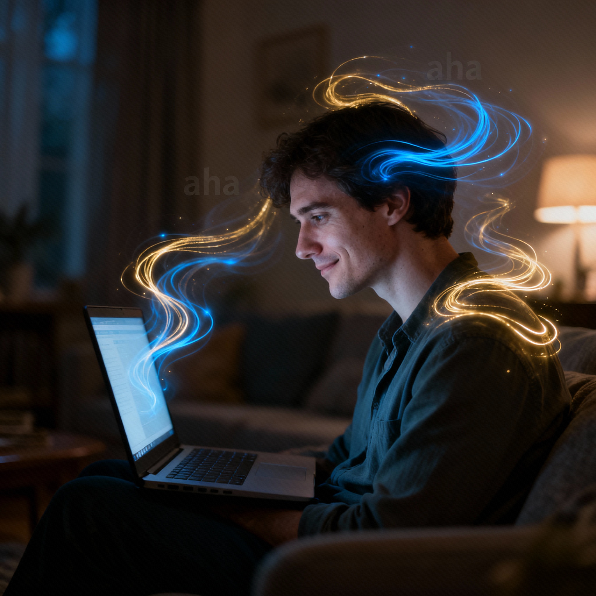 A scene of a client having a moment of clarity during an online psychic reading. Soft, glowing data streams and energy lines emanate from the screen, enveloping the person, symbolizing clear insight and emotional connection.