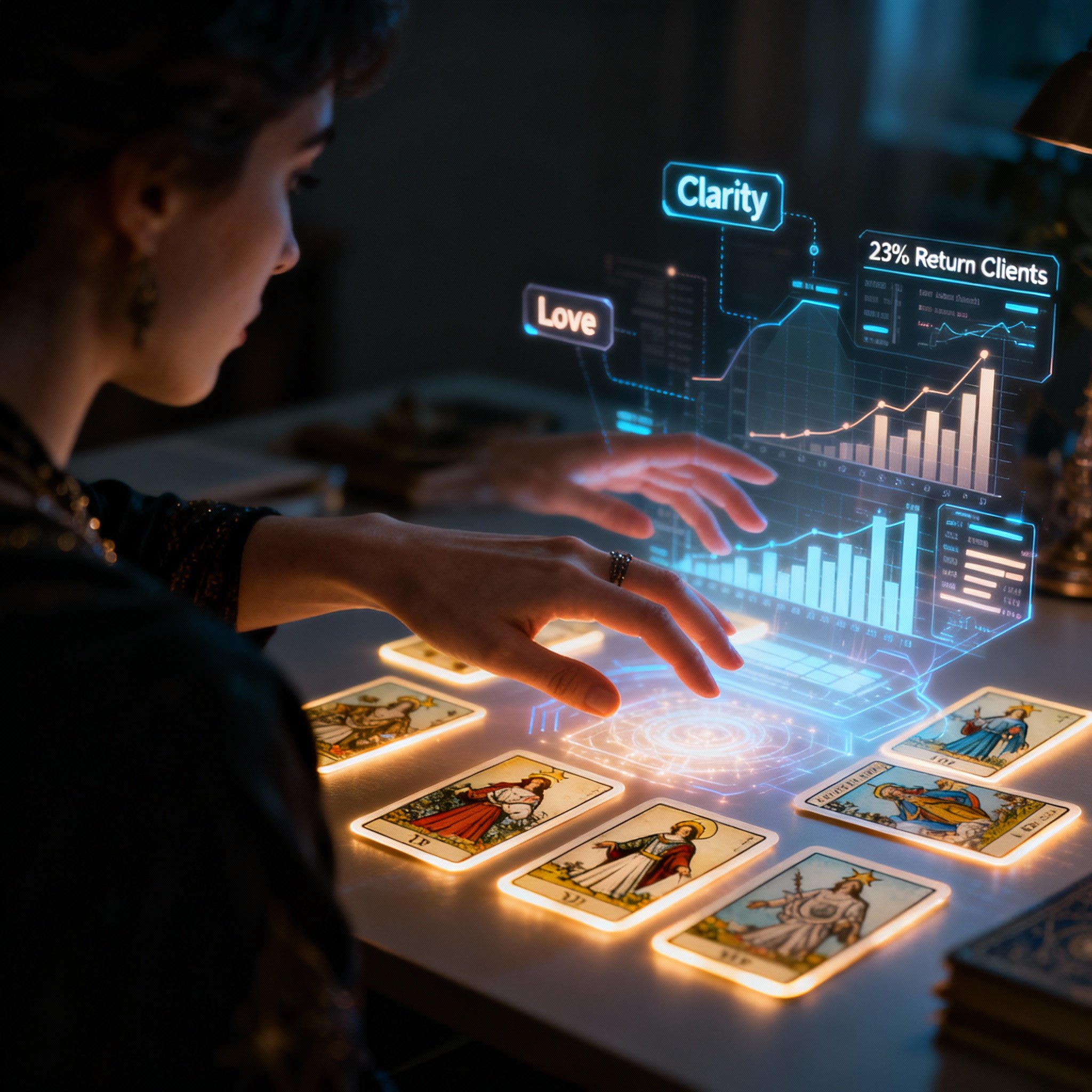 A scene of a psychic (Cosmic Cait) conducting an online consultation. Her hands hover over glowing tarot cards, while abstract data charts and keywords like 'Love' and 'Career' float in the air, symbolizing her process of interpreting a client's confusion and providing clarity.