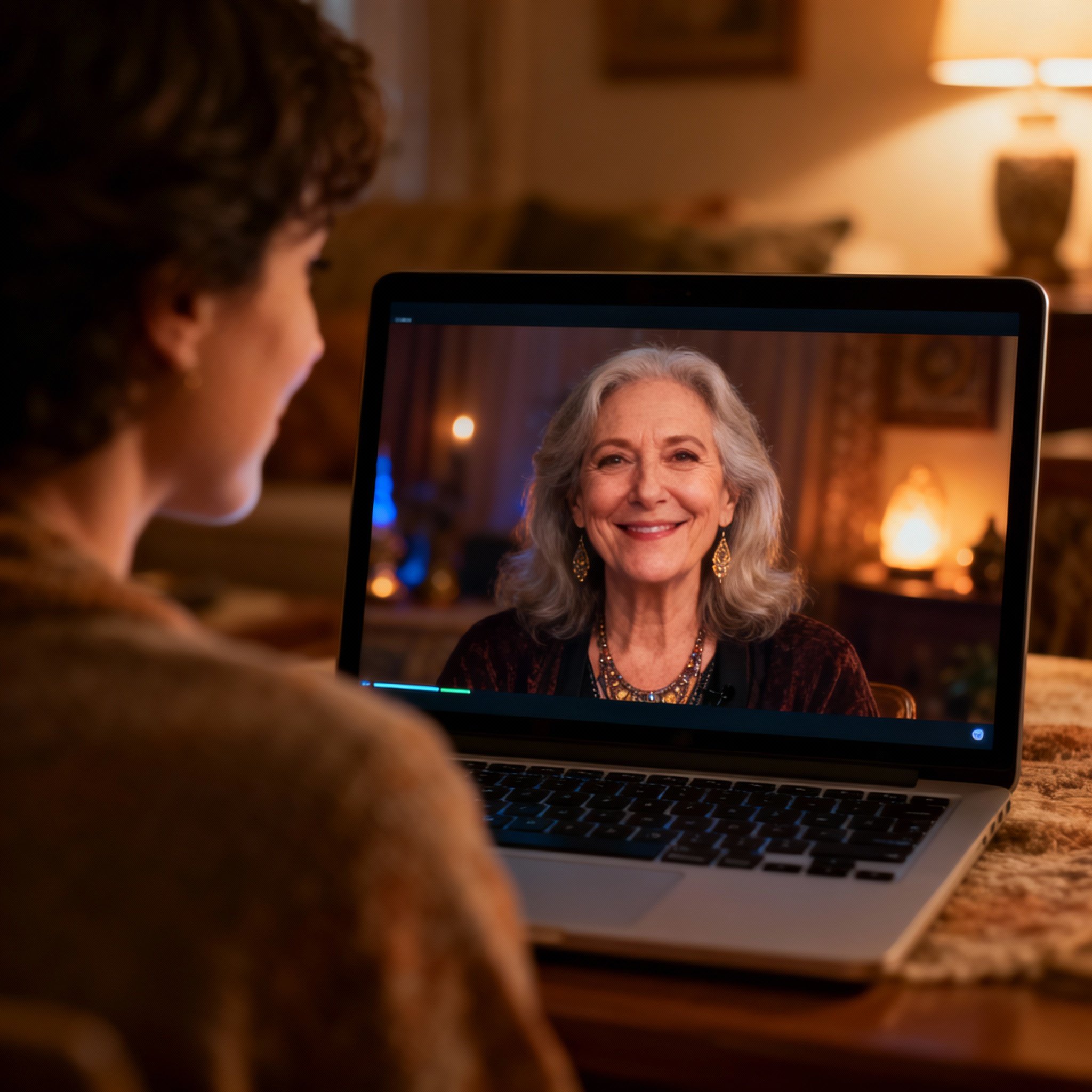 A client shows an expression of epiphany during an online video consultation with a psychic. The psychic's warm image is on the screen, and the scene symbolizes gaining clear guidance and peace of mind through the conversation.