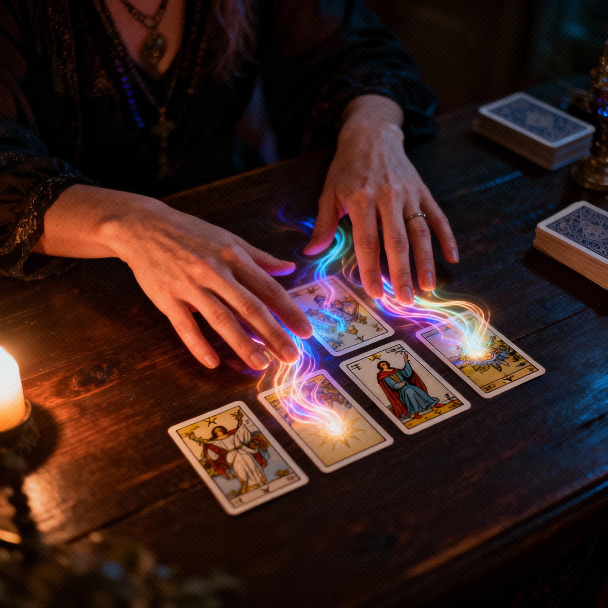 A psychic's hands gracefully hover over illuminated tarot cards, which emanate colorful lines of energy, symbolizing intuitive insight and a deep connection to a client's energy.
