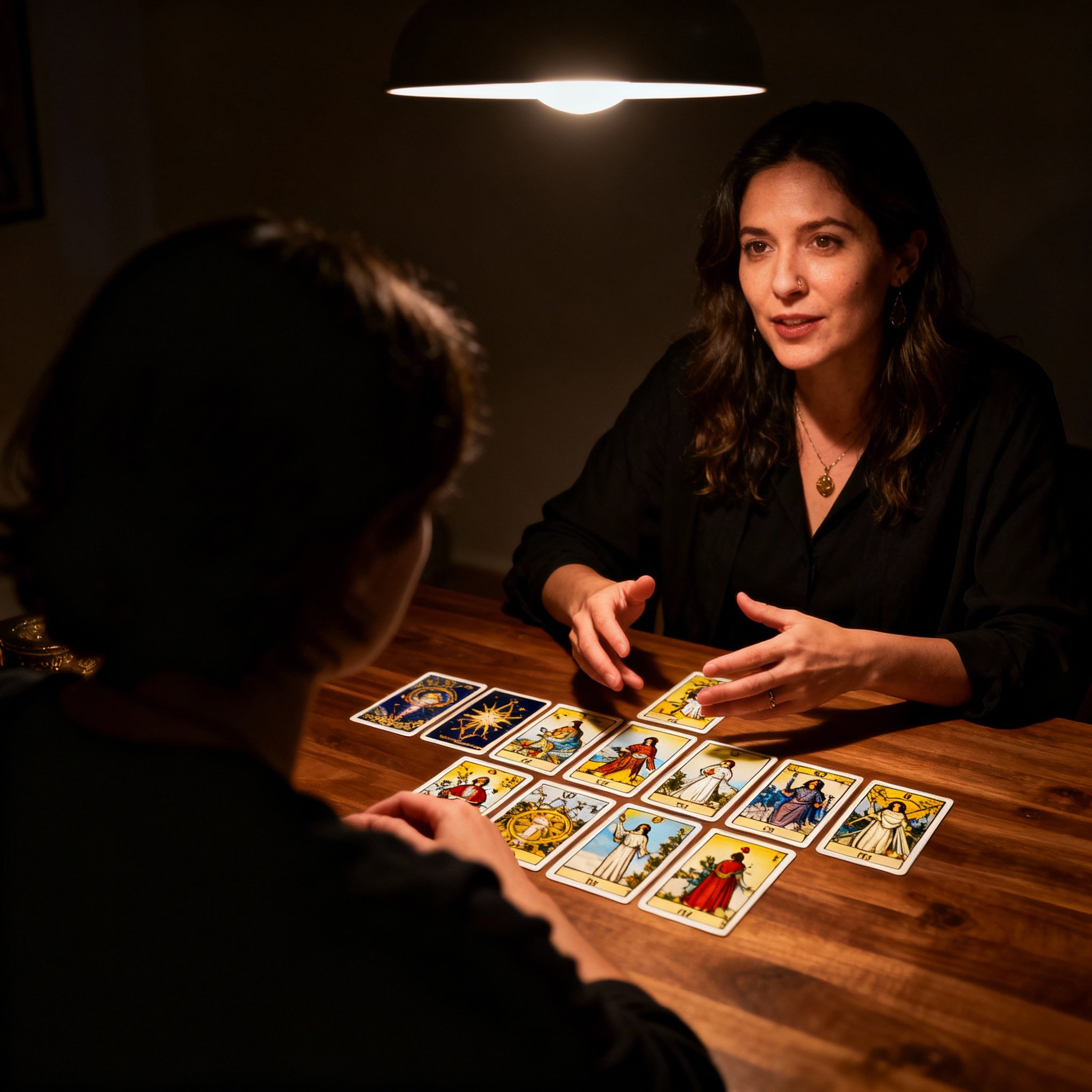 An over-the-shoulder shot of a consultation. Psychic Aim Tru is intently interpreting tarot cards on the table for a client. The light is focused on the cards and their interactive hands, emphasizing a deep process of understanding and respect.